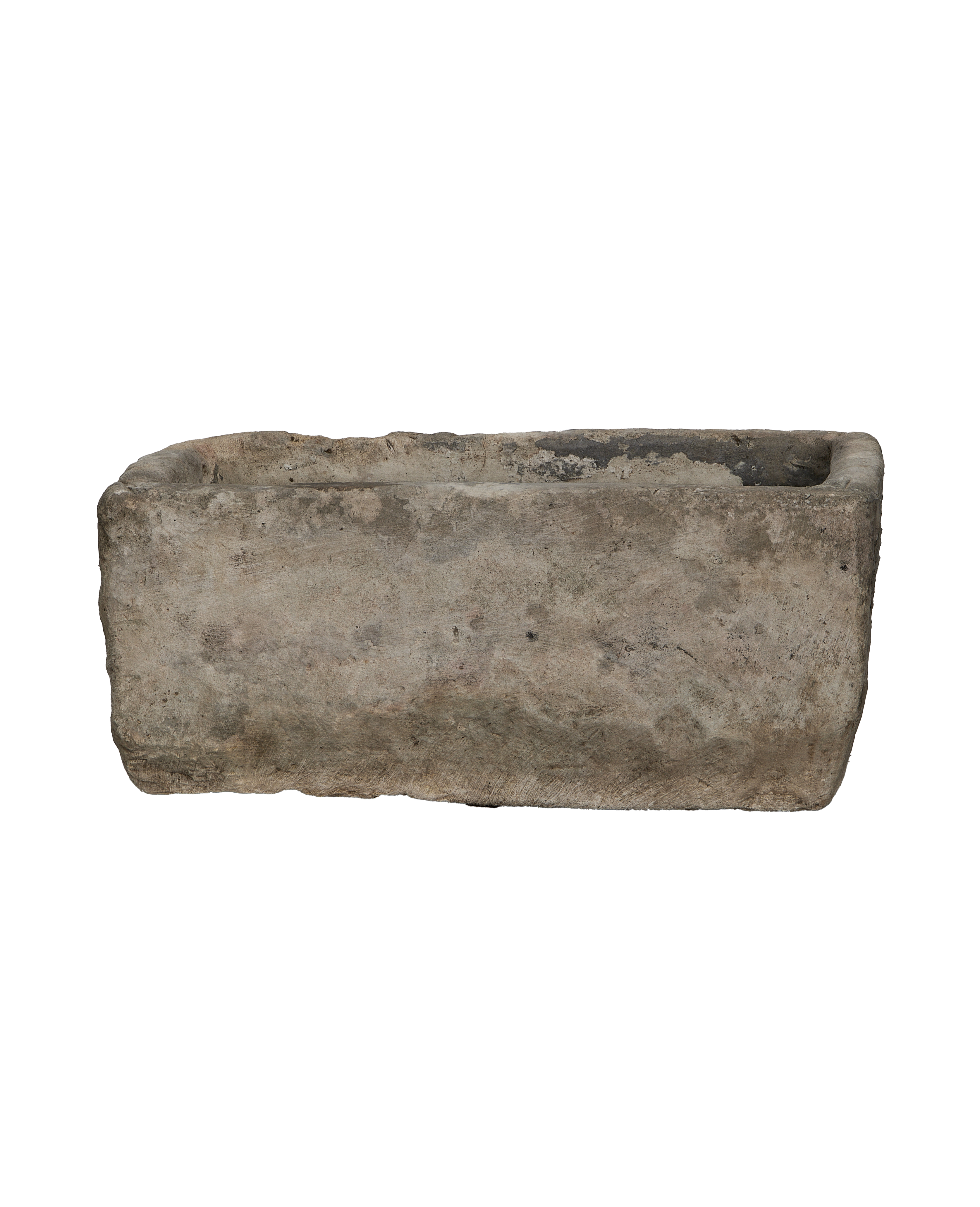 Vintage Indonesian rectangular limestone trough, full-length, showing aged texture, rough edges, and weathered interior.