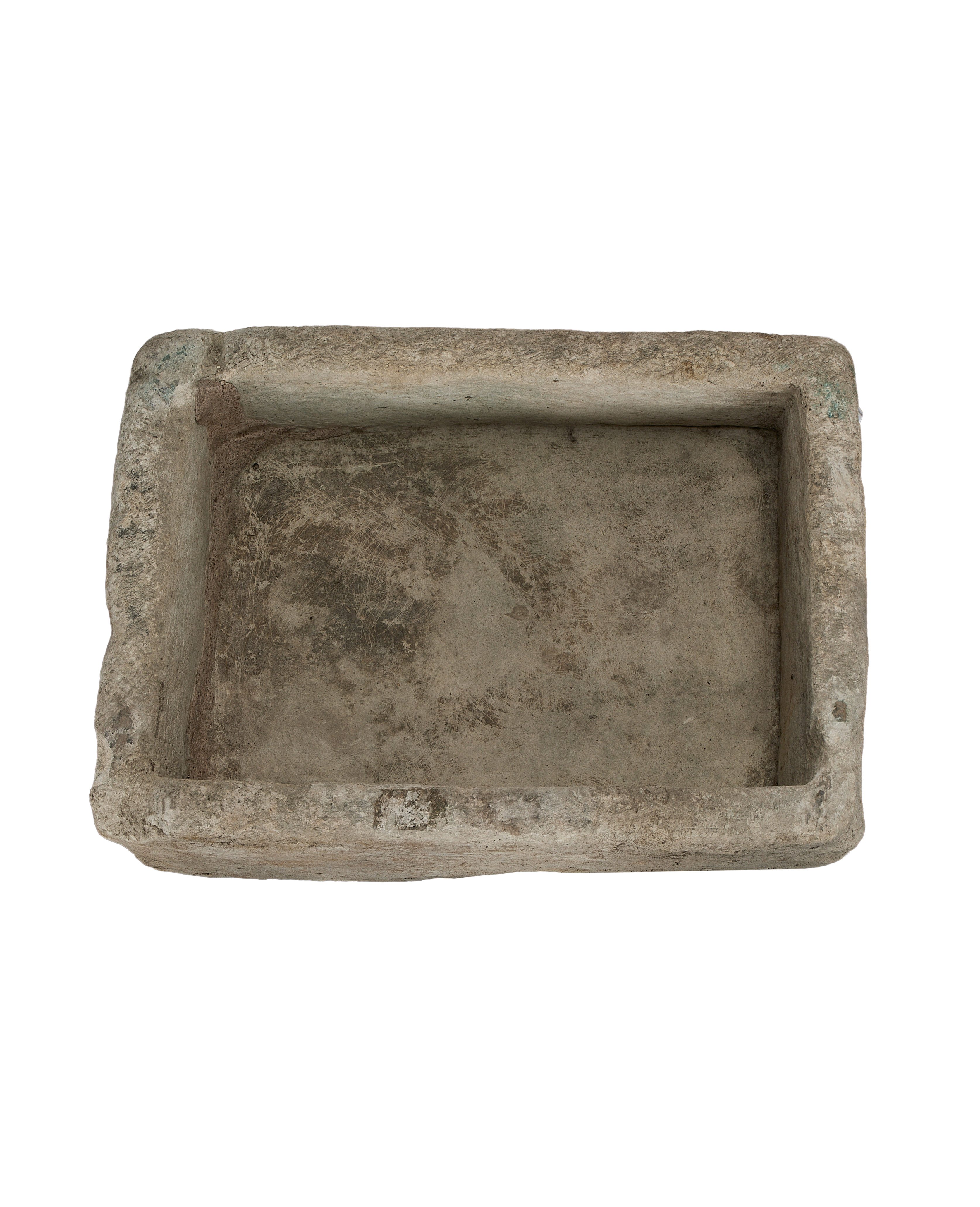 Vintage Indonesian limestone trough (OAK Rectangle) from top-down, showing interior texture.