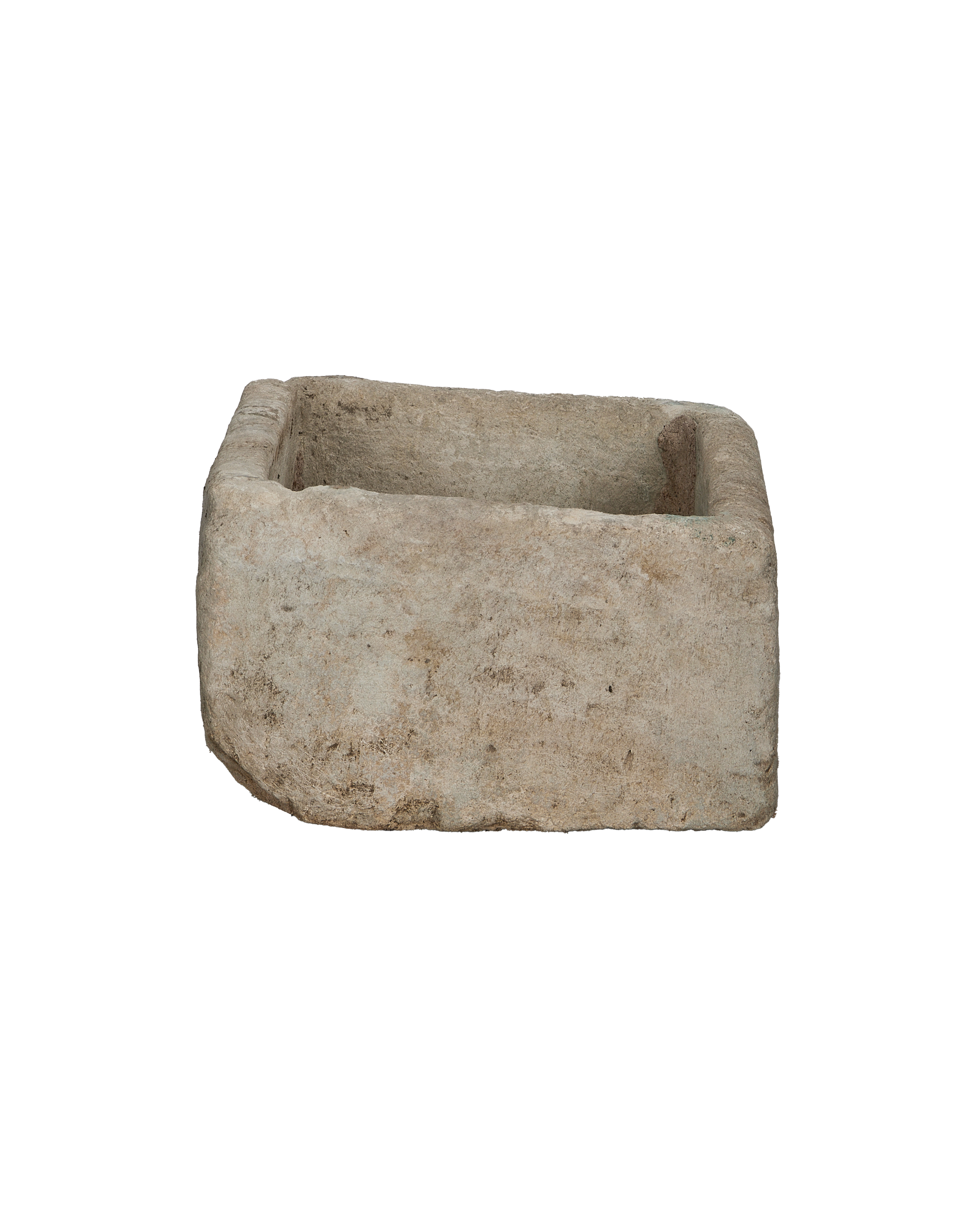 Vintage Indonesian rectangle limestone trough, showing unique rounded bottom edge from the side.