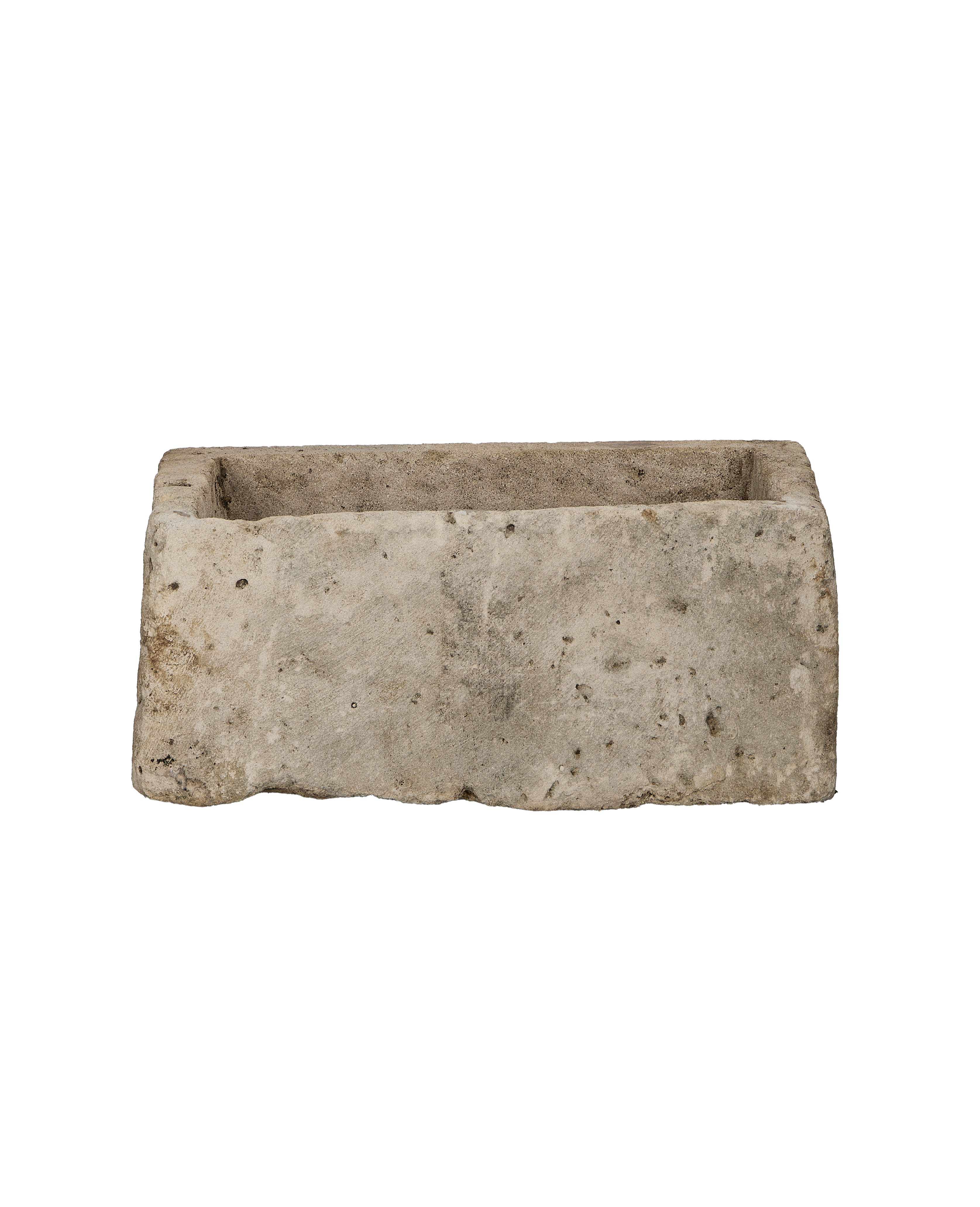 Vintage Indonesian rectangular limestone trough, light gray with weathered texture, full front view.