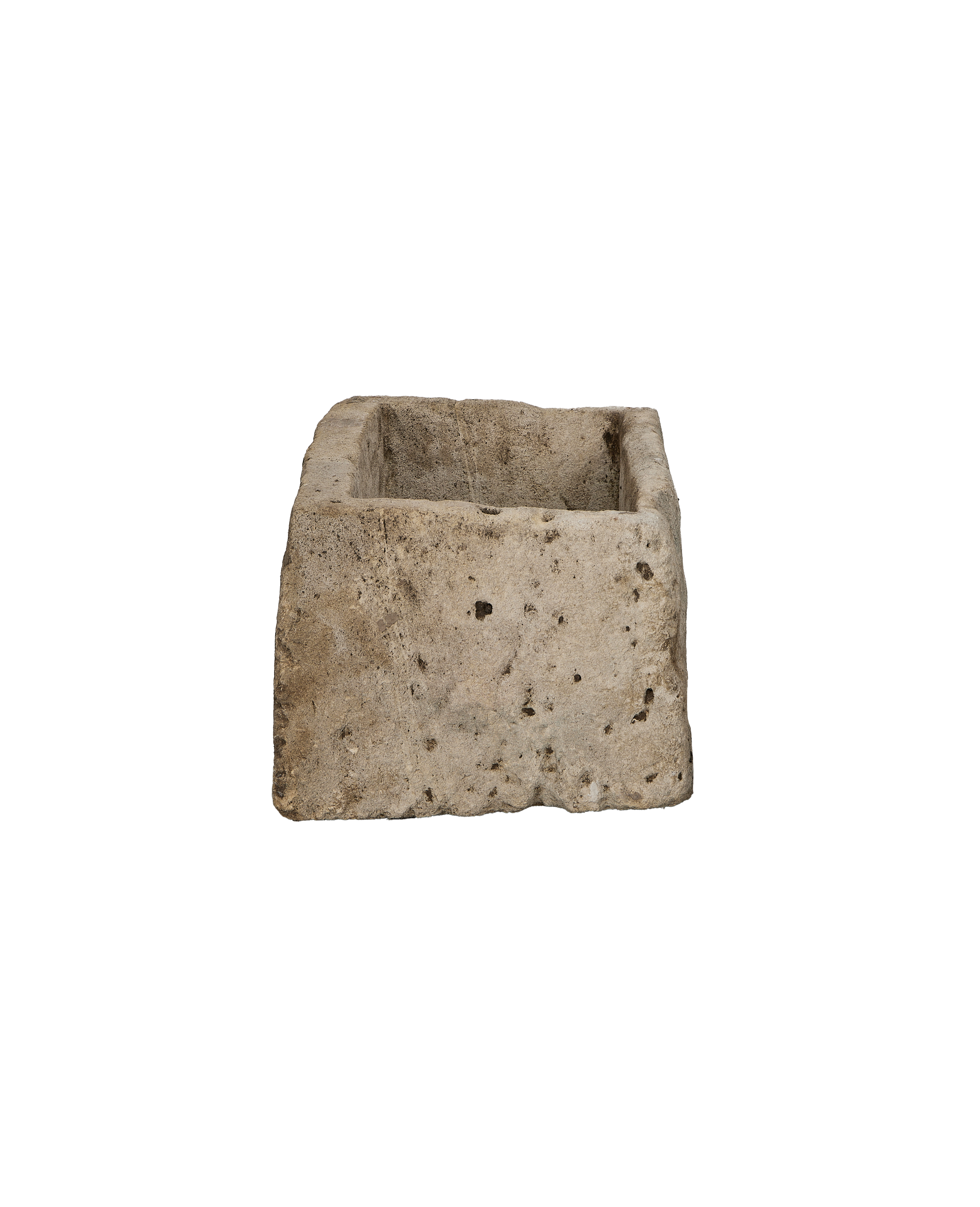 Vintage Indonesian rectangular limestone trough planter with textured, weathered natural stone finish.