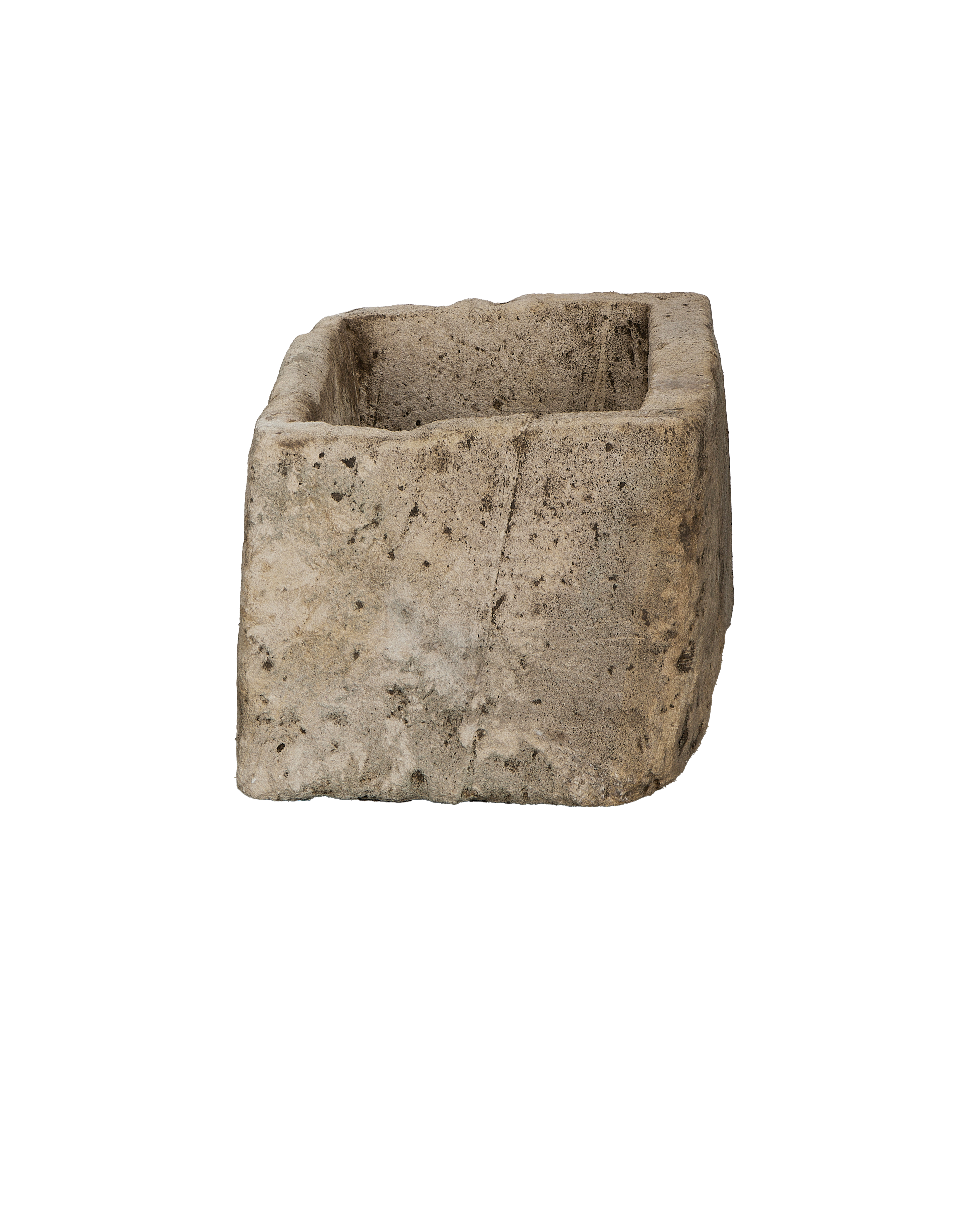 Vintage Indonesian rectangular limestone trough, rustic texture, top and interior views.