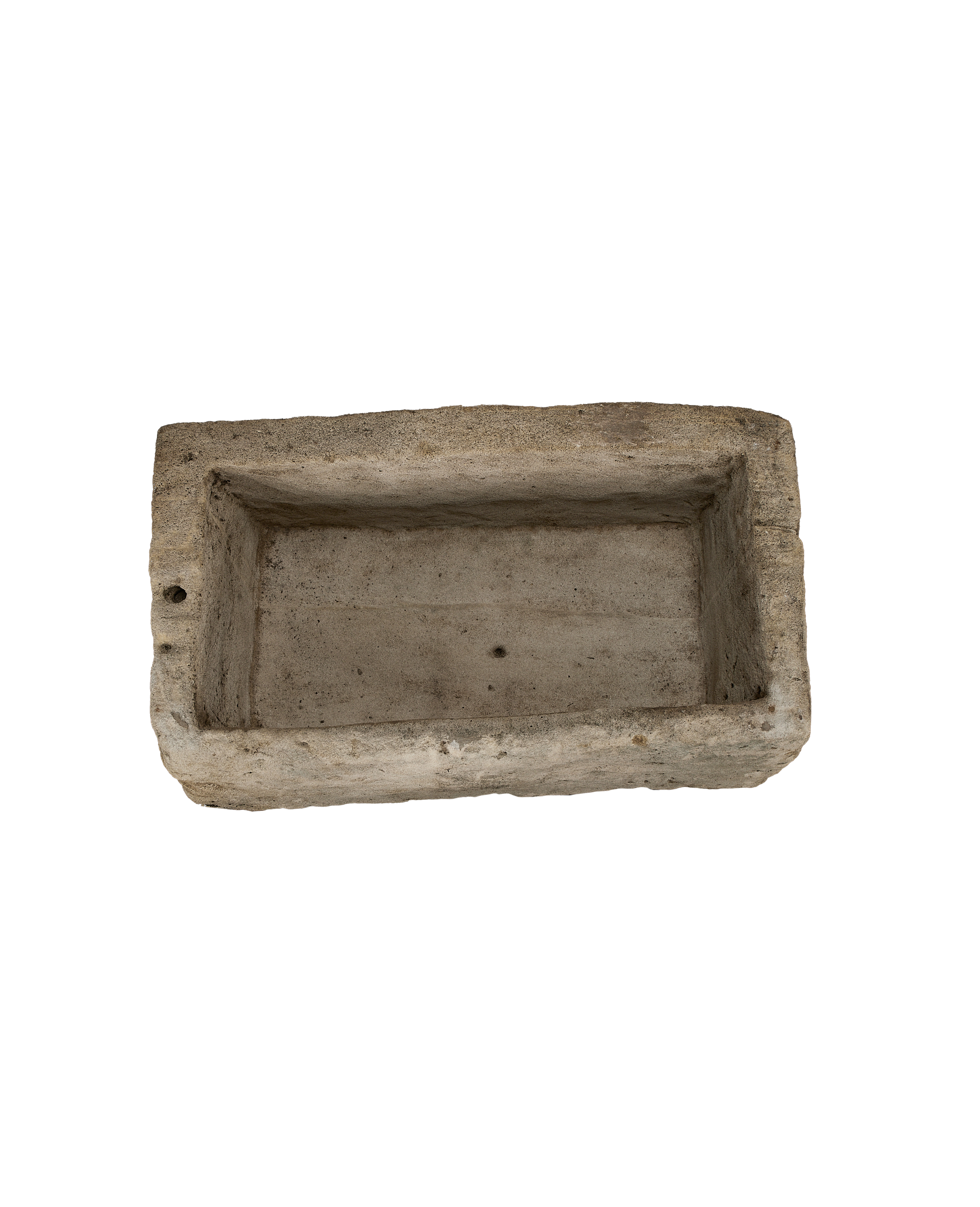 Vintage limestone trough from Indonesia, top view showing one drainage hole.