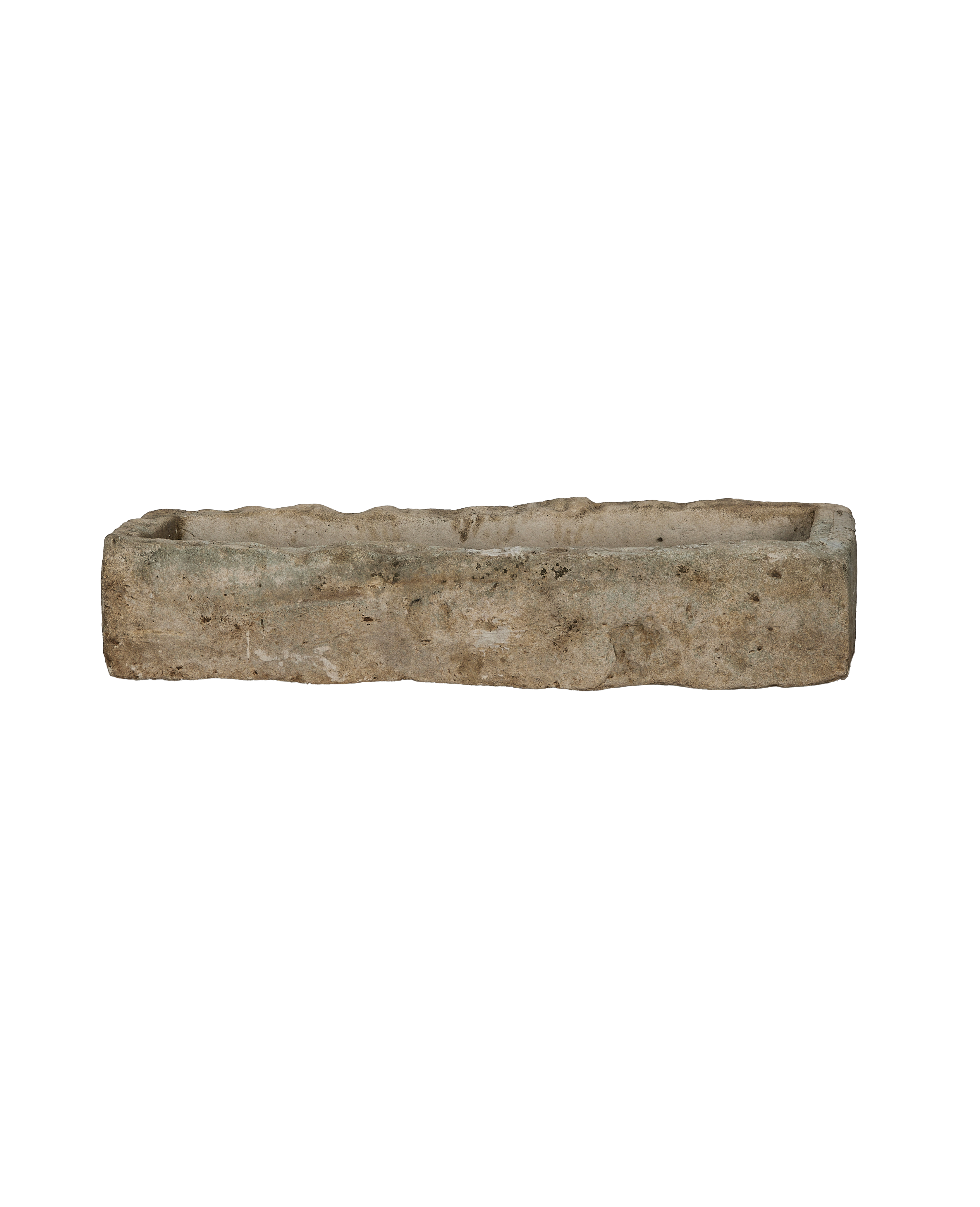 Vintage Indonesian OAK limestone trough, rectangular, with textured, weathered surface, full view.
