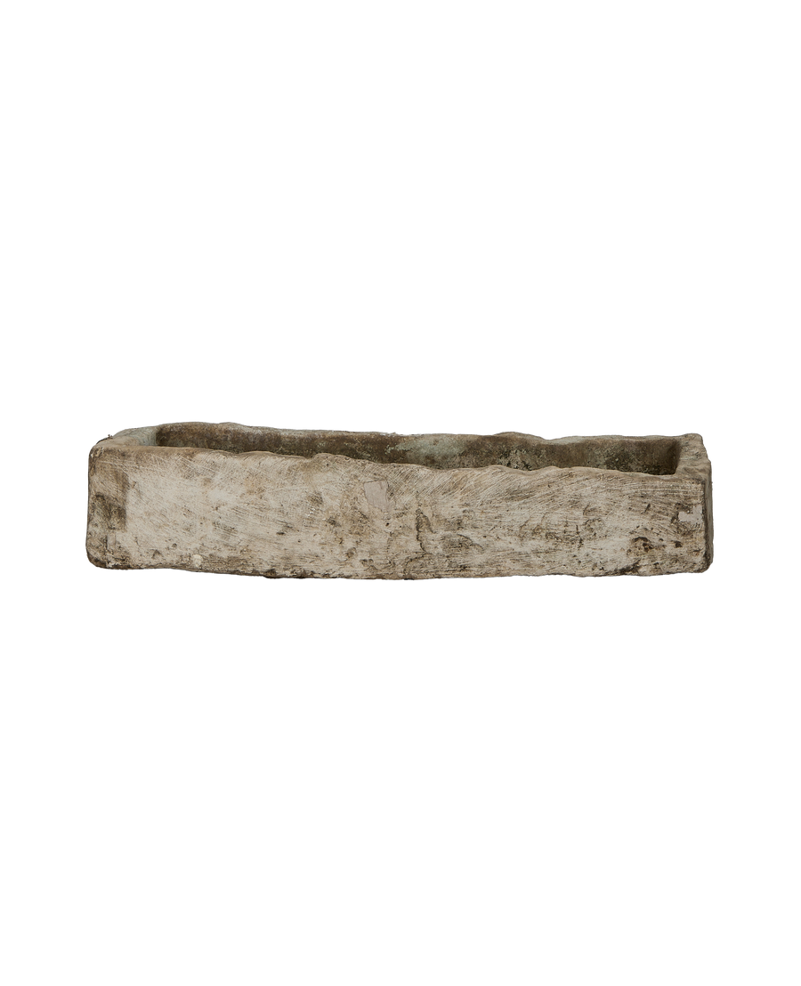 Vintage Indonesian limestone trough, rectangular, OAK finish, showcasing rough texture and weathered details.
