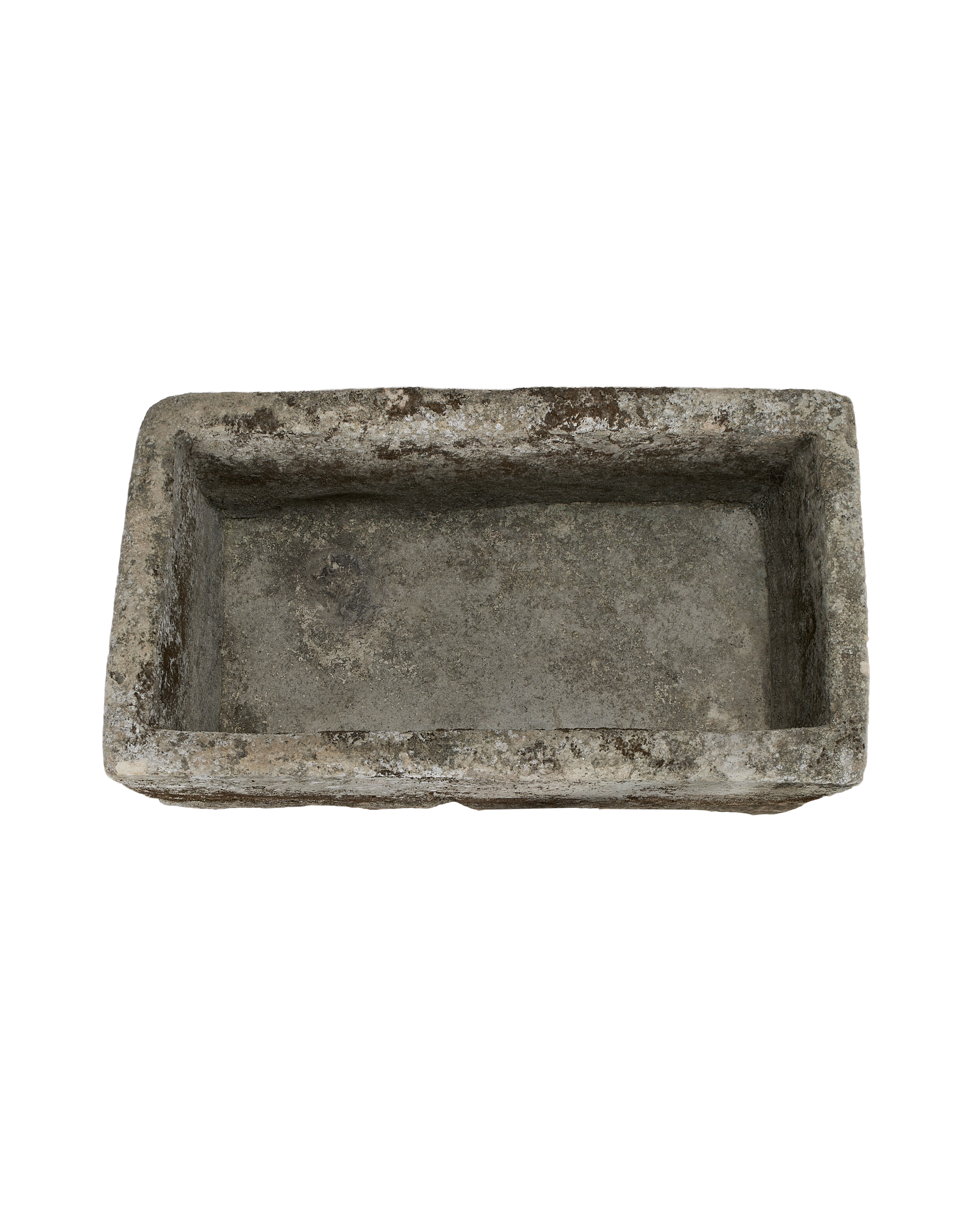 Vintage Indonesian limestone trough, rectangular, top-down view highlighting aged, weathered texture and patina.