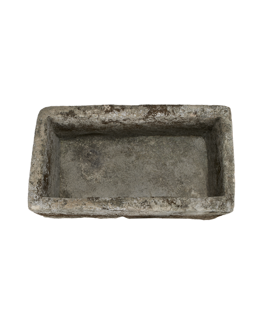 Vintage Indonesian limestone trough, rectangular, top-down view highlighting aged, weathered texture and patina.