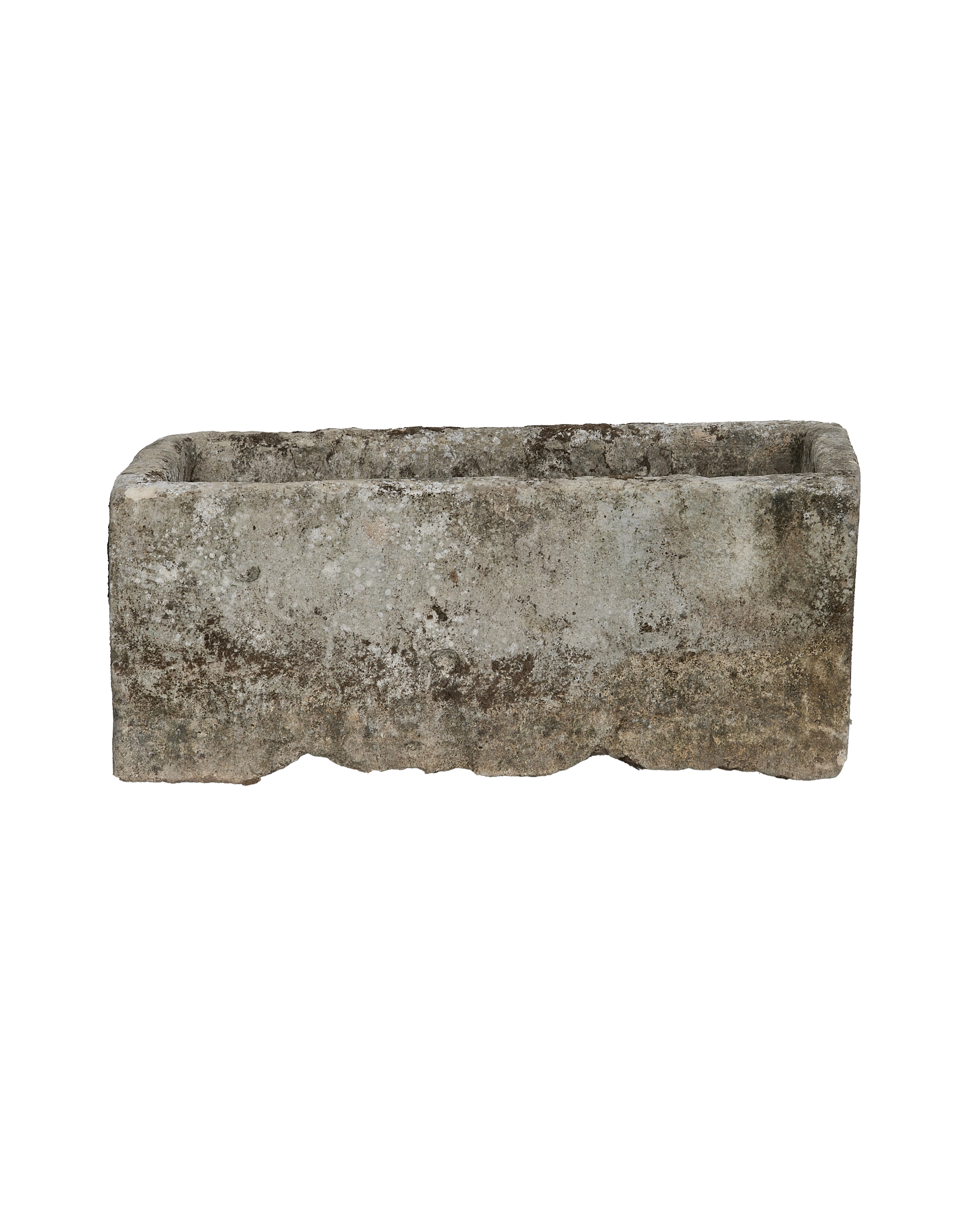 Vintage rectangular Indonesian limestone trough, OAK style, weathered texture.