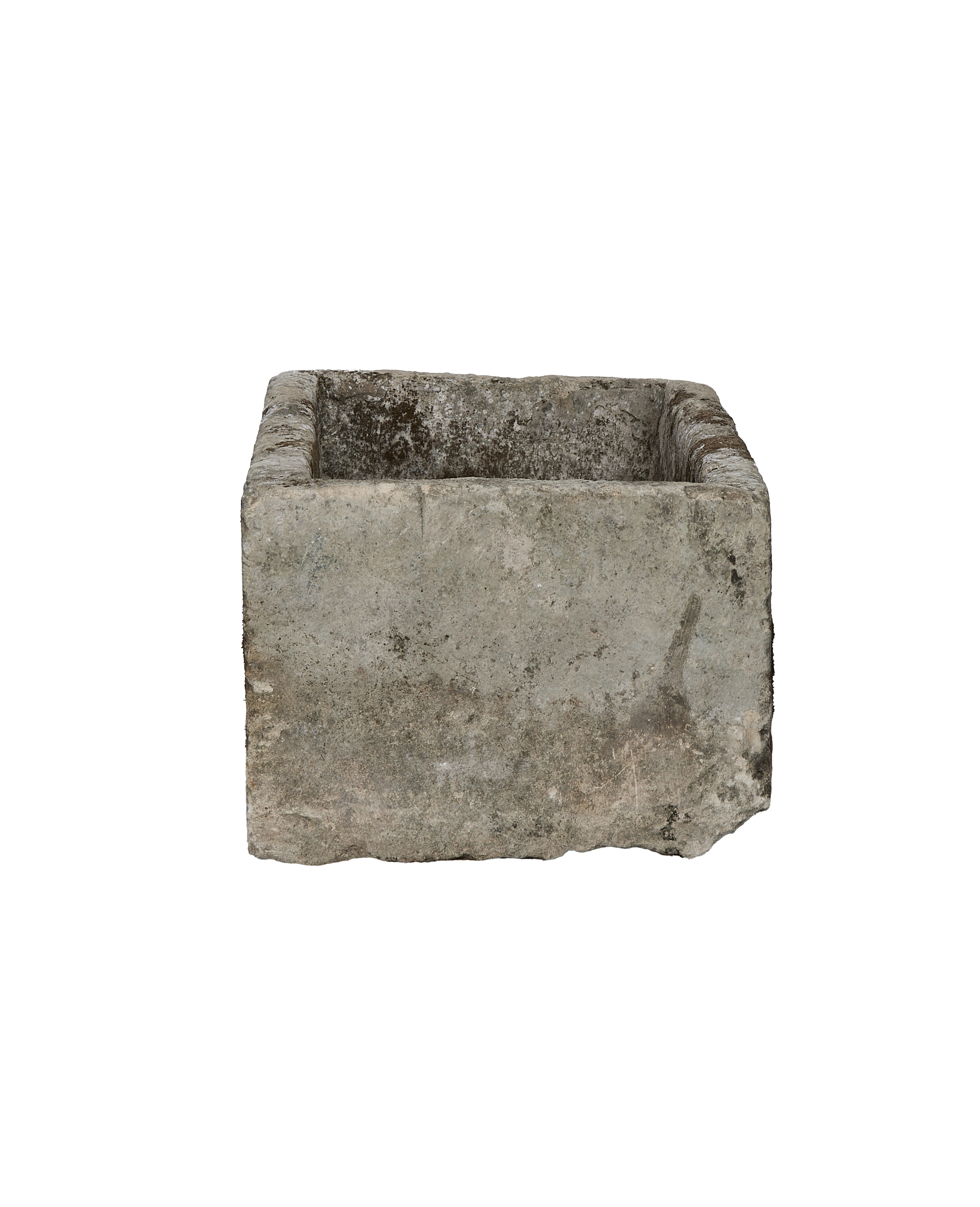 Vintage Indonesian limestone trough, rectangular, OAK, with textured, earthy gray patina.