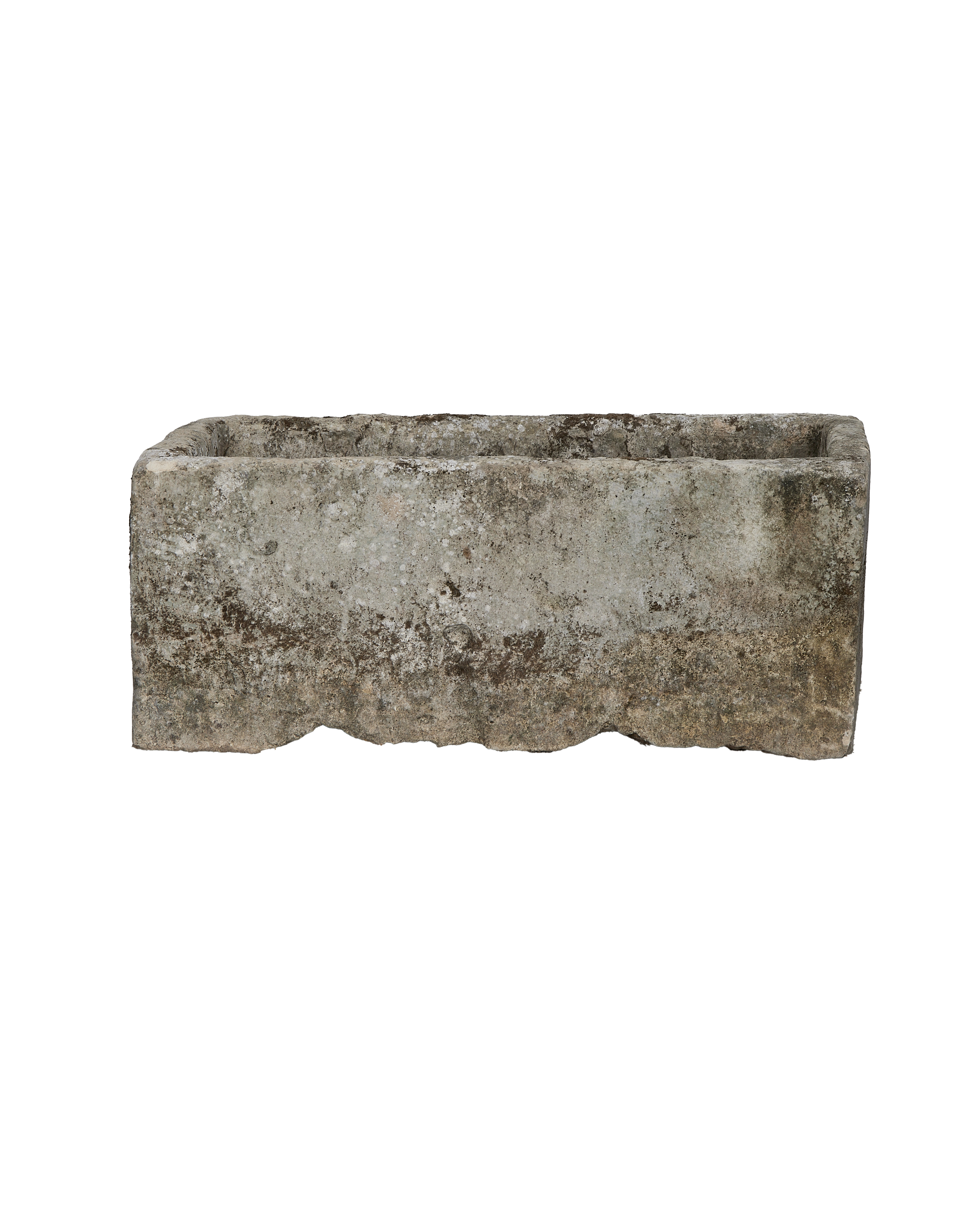 Vintage Indonesian limestone trough, rectangular, OAK, with textured, weathered side and wavy bottom edge.