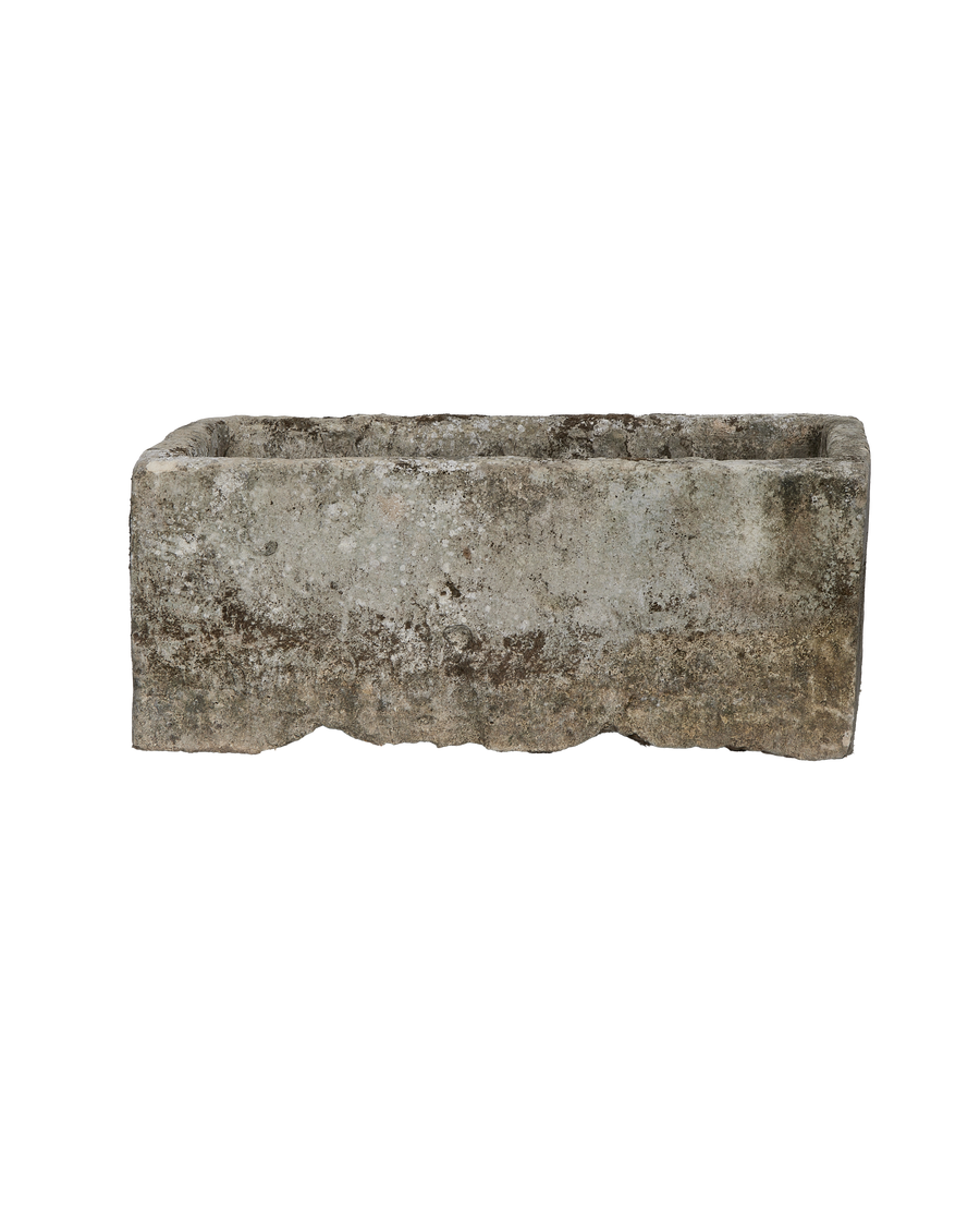 Vintage Indonesian limestone trough, rectangular, OAK, with textured, weathered side and wavy bottom edge.