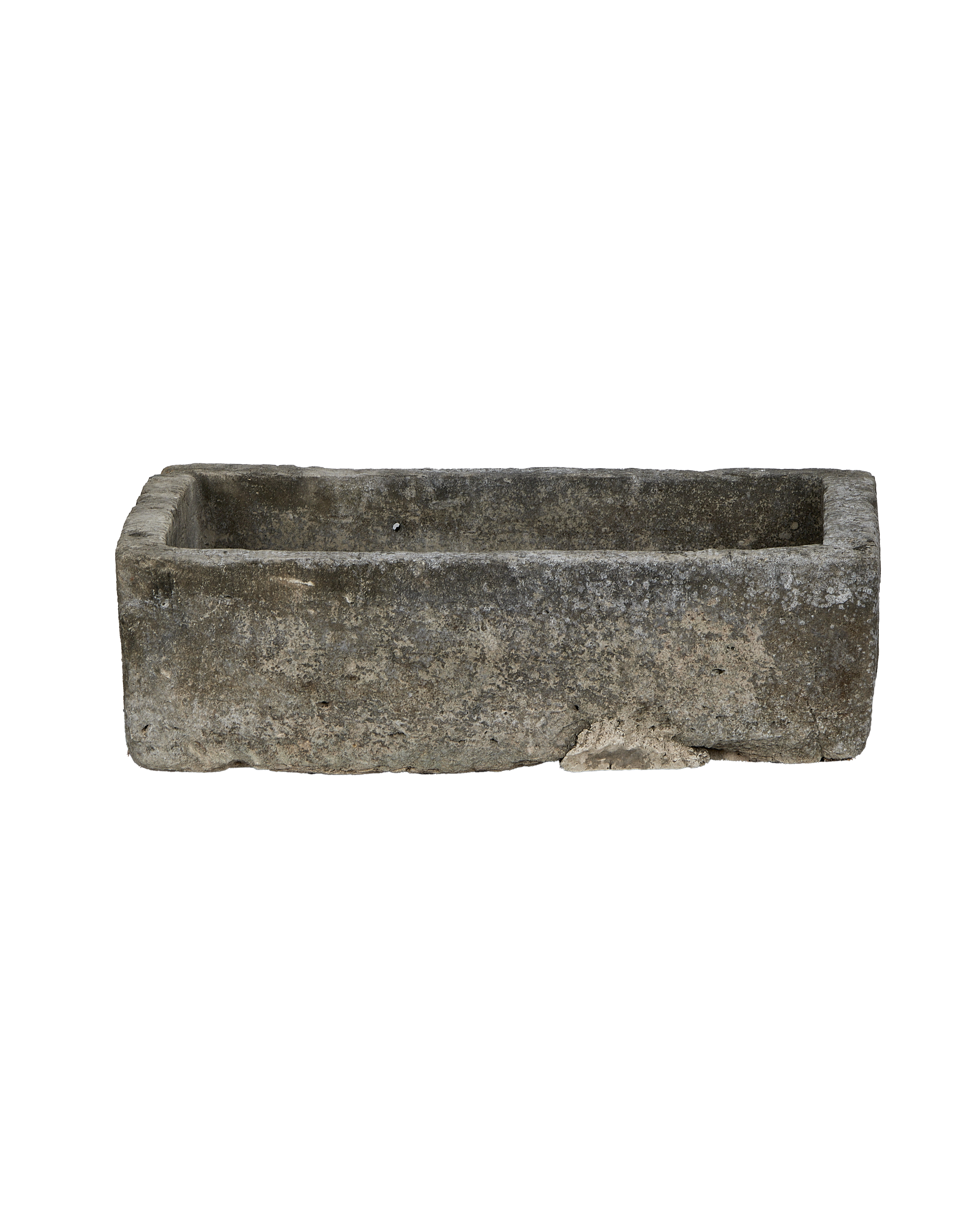 Vintage rectangular Indonesian limestone trough with weathered, textured grey surface.