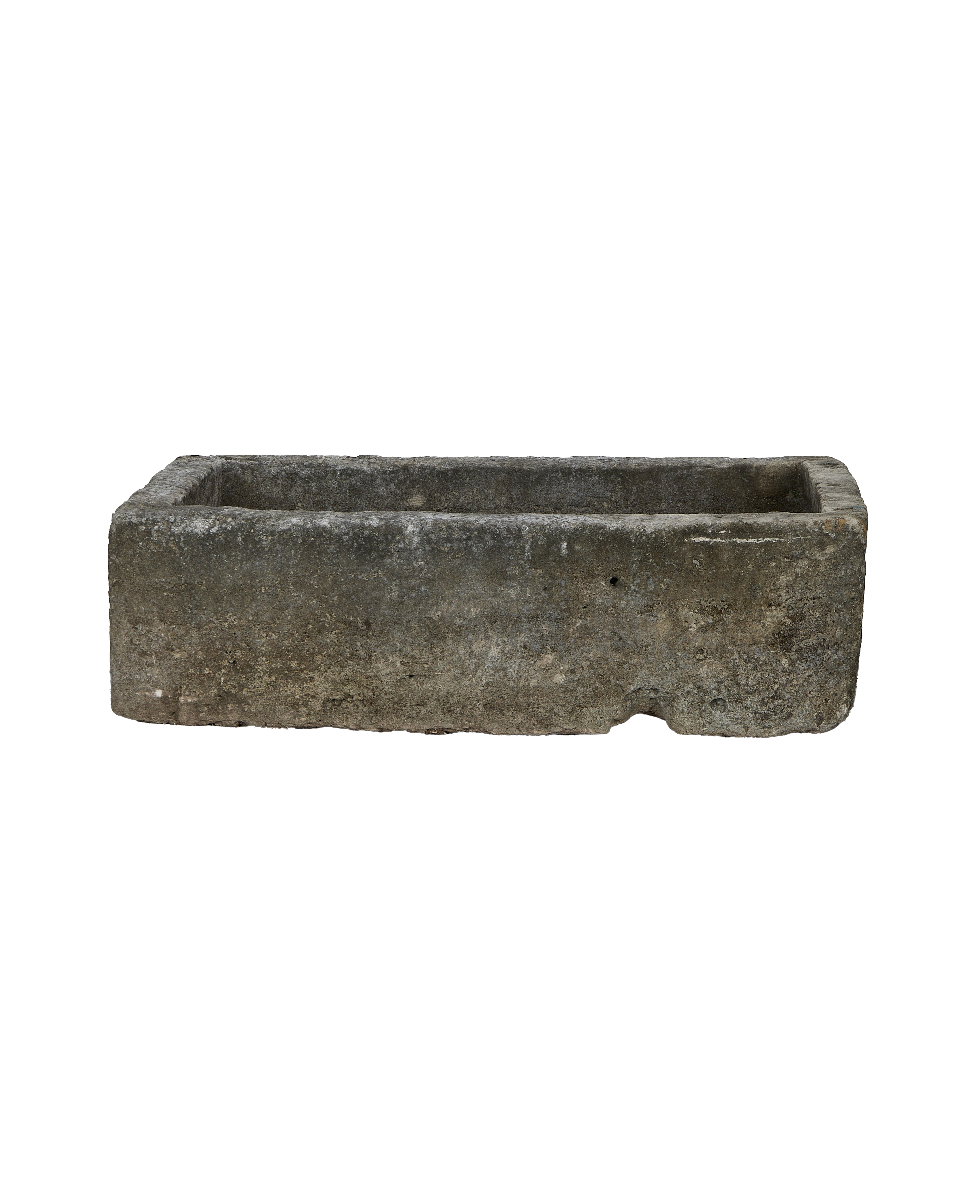 Vintage rectangular gray limestone trough from Indonesia, weathered surface and subtle details.