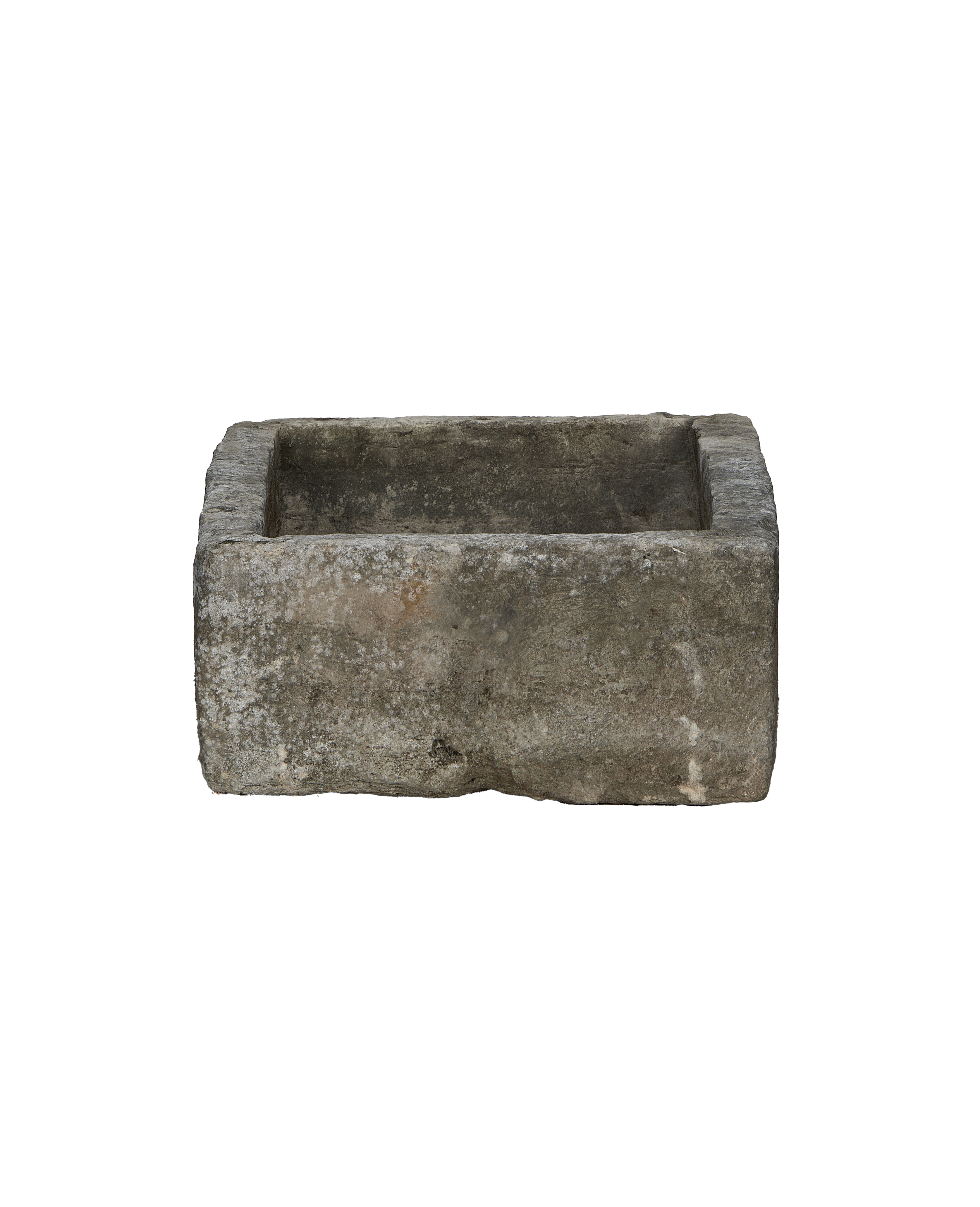 Vintage rectangular gray limestone trough from Indonesia, weathered surface and worn top edge.