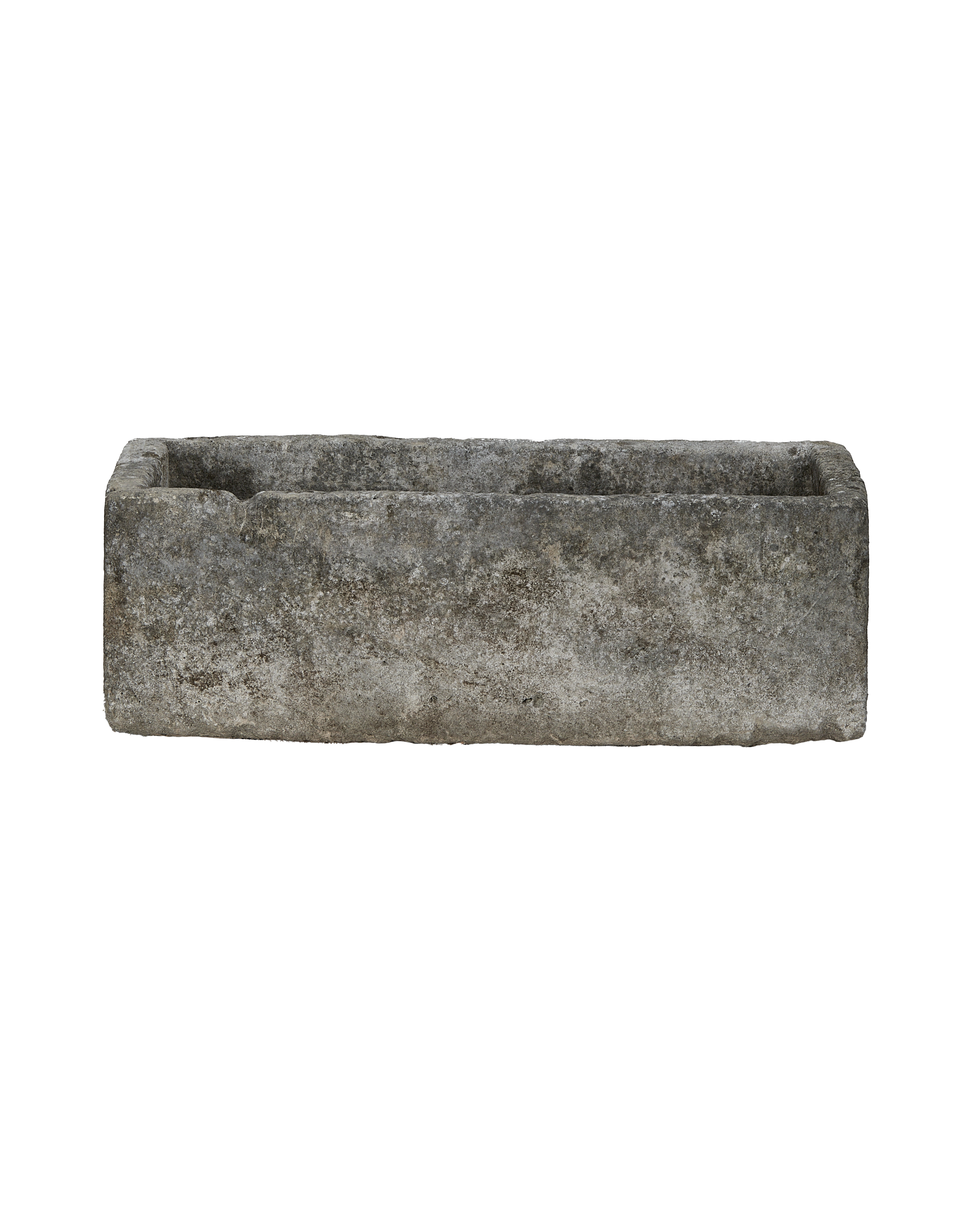 Vintage rectangular Indonesian limestone trough, OAK finish, weathered gray texture, showing natural aging.
