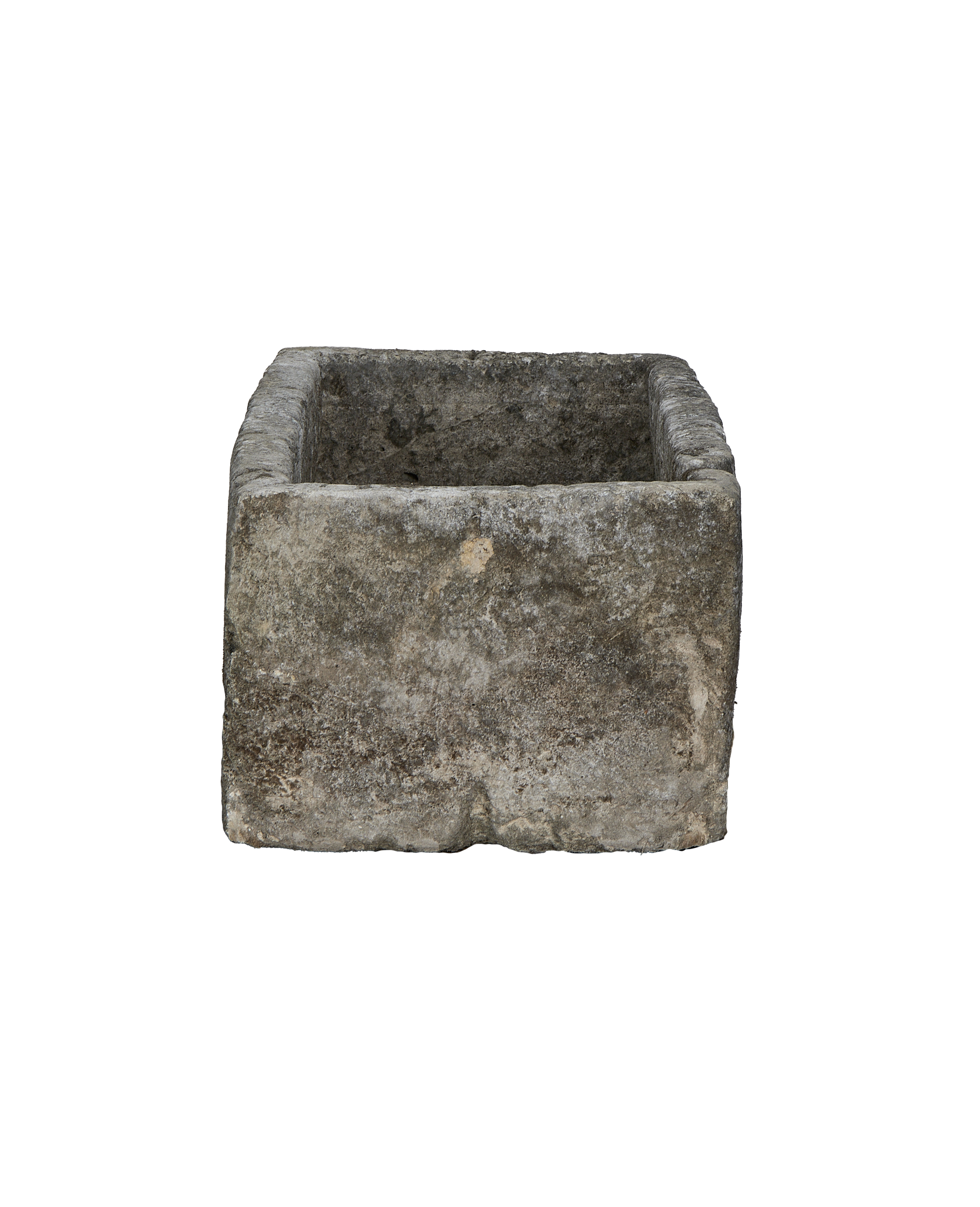 Vintage Indonesian rectangular limestone trough, viewed diagonally, showcasing its weathered, rustic texture.