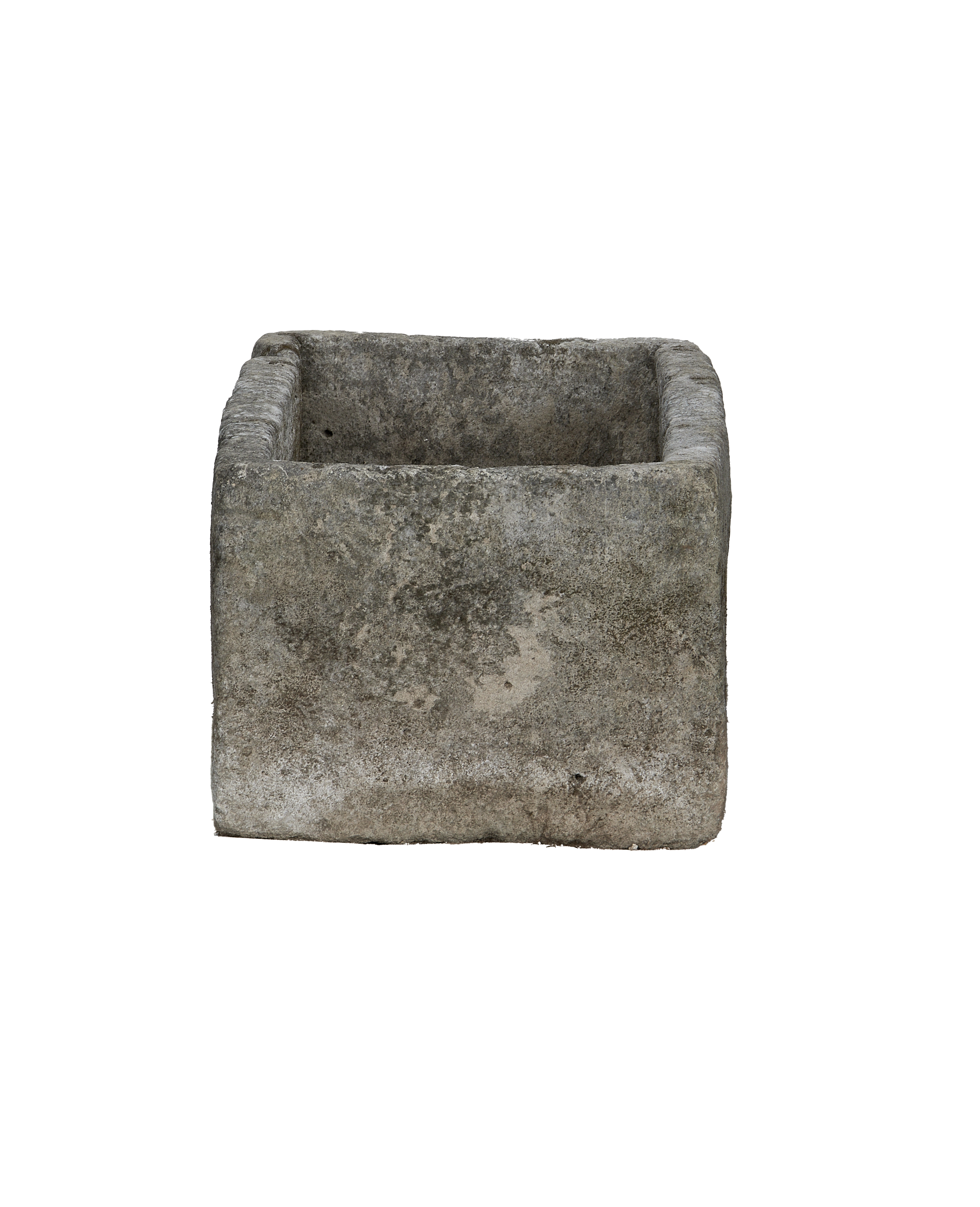 Vintage Indonesian limestone trough, rectangular, OAK, with textured, weathered grey surface, front view.