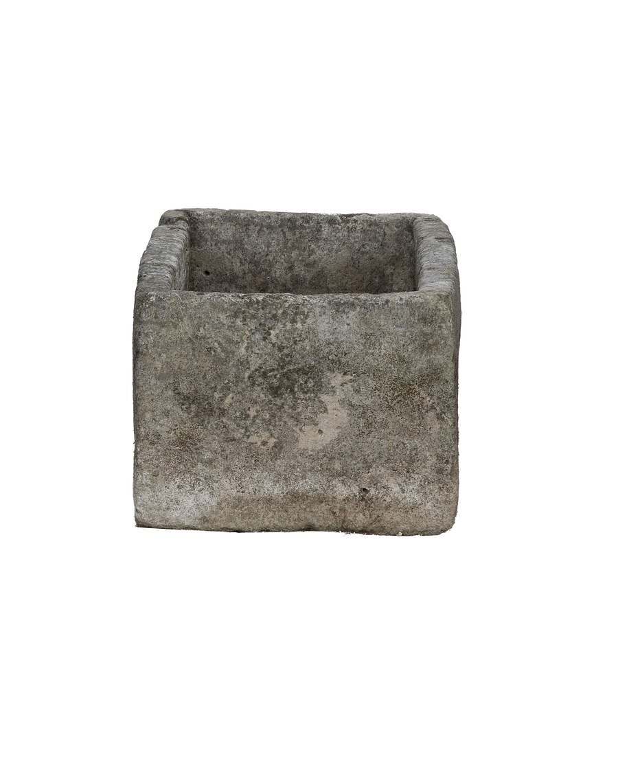 Vintage Indonesian limestone trough, rectangular, OAK, with textured, weathered grey surface, front view.