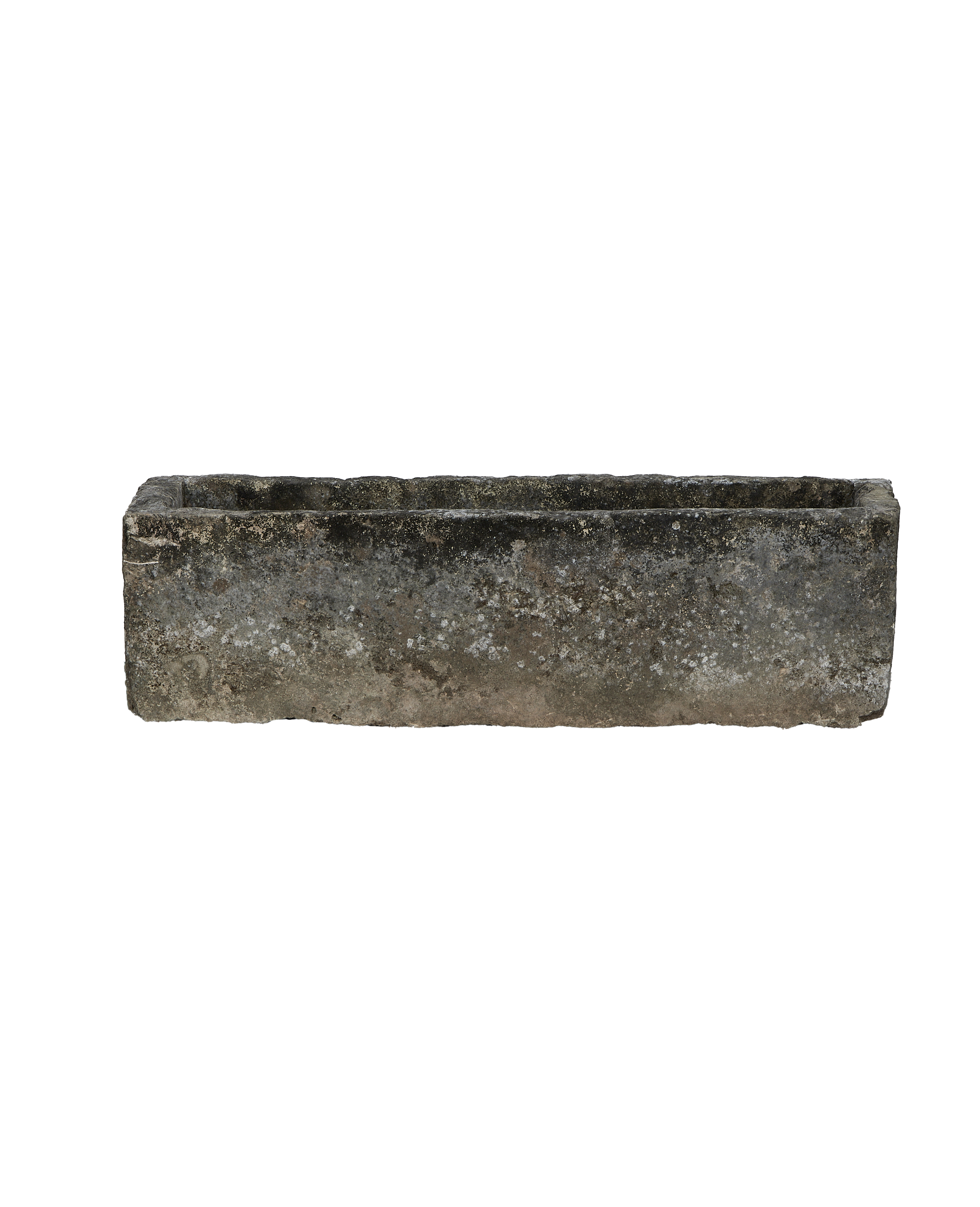 Vintage Indonesian limestone trough, rectangular, with textured, weathered gray finish for garden decor.