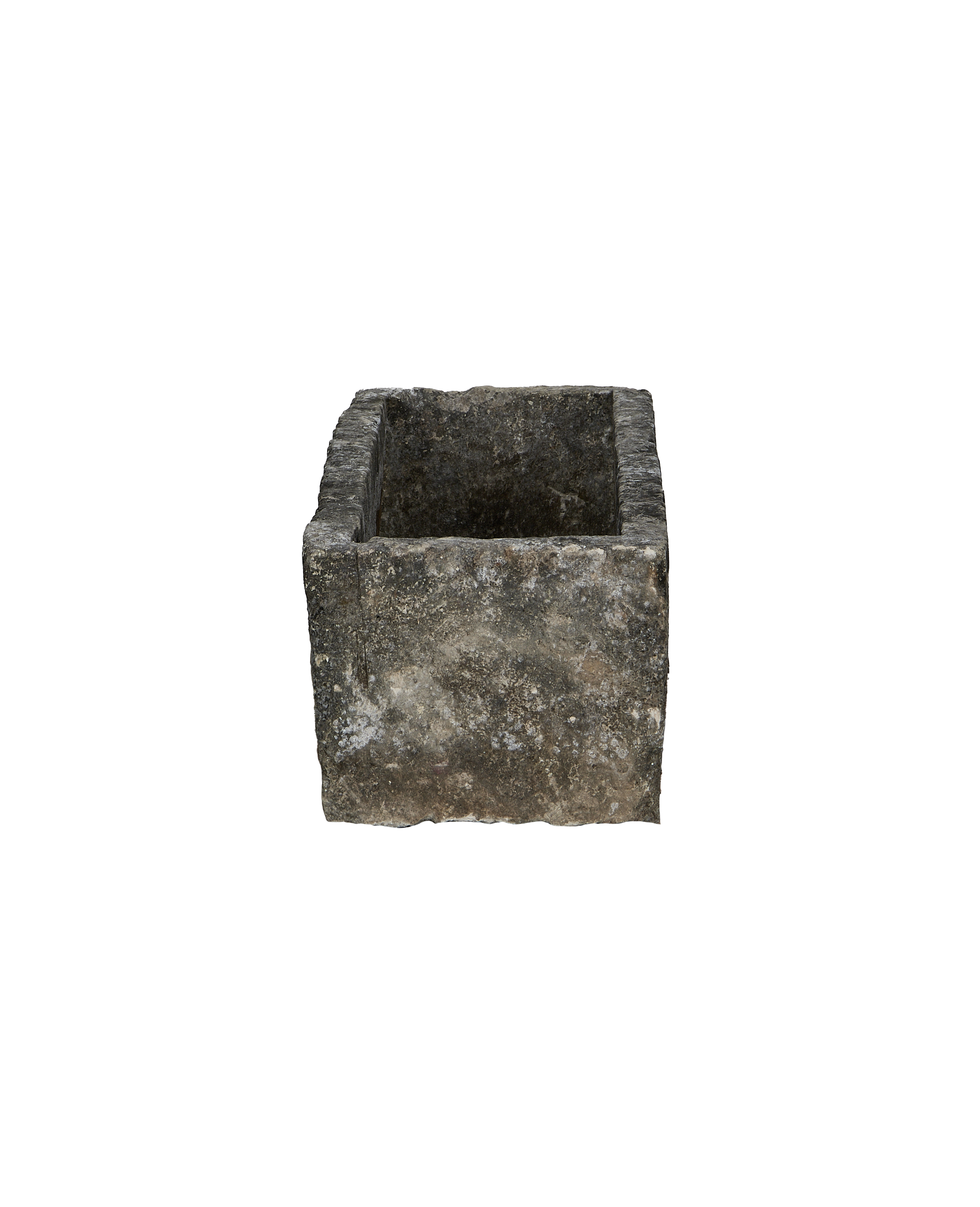 Vintage Indonesian limestone trough, rectangular, top-down internal view showing rough texture.