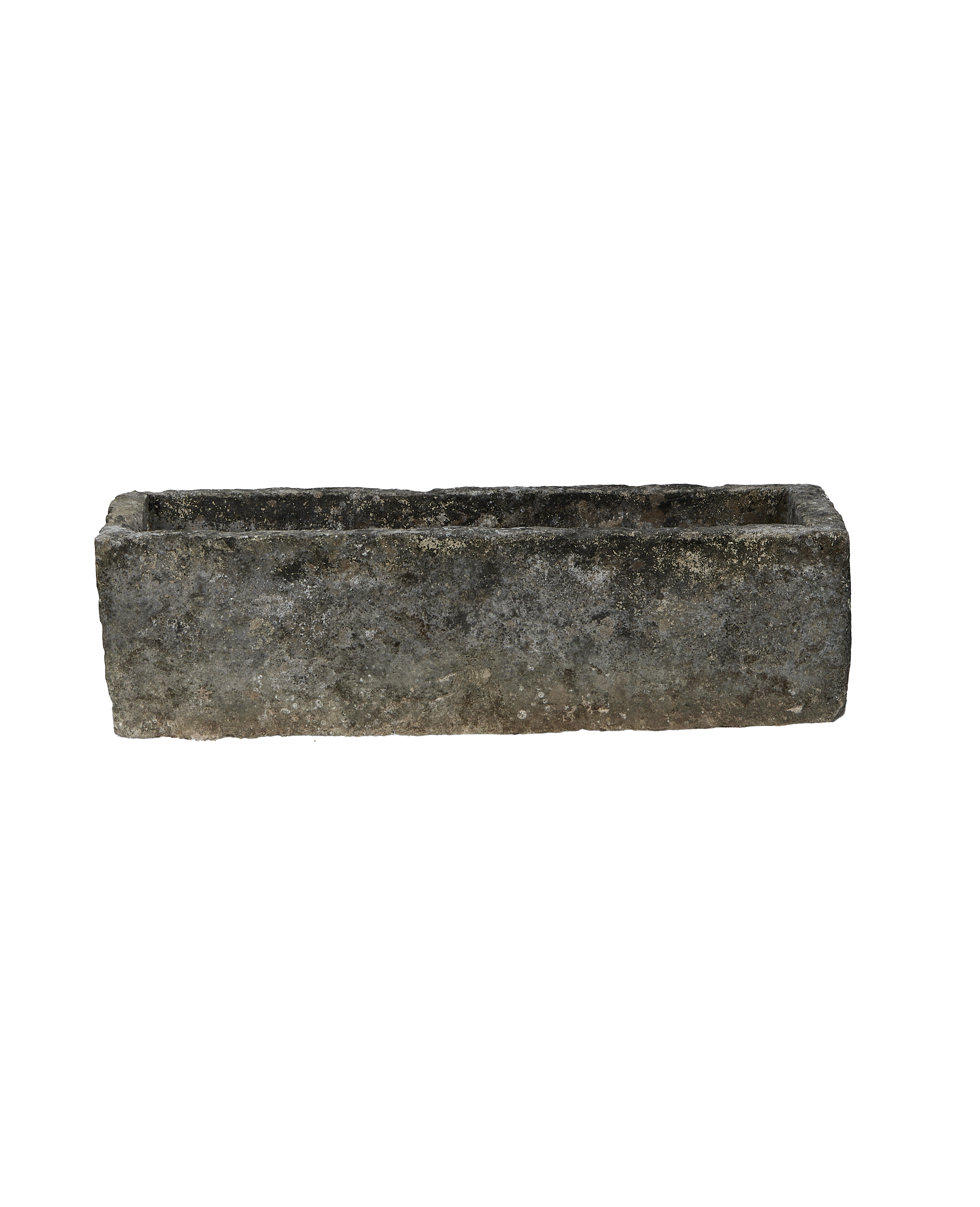 Vintage Indonesian limestone rectangle trough with rough, weathered texture and natural gray patina.