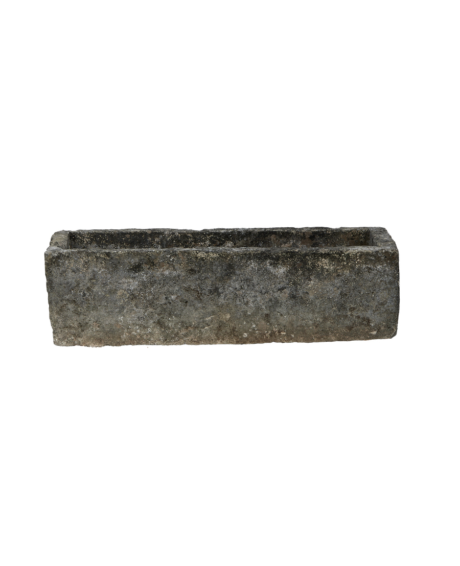 Vintage Indonesian limestone rectangle trough with rough, weathered texture and natural gray patina.