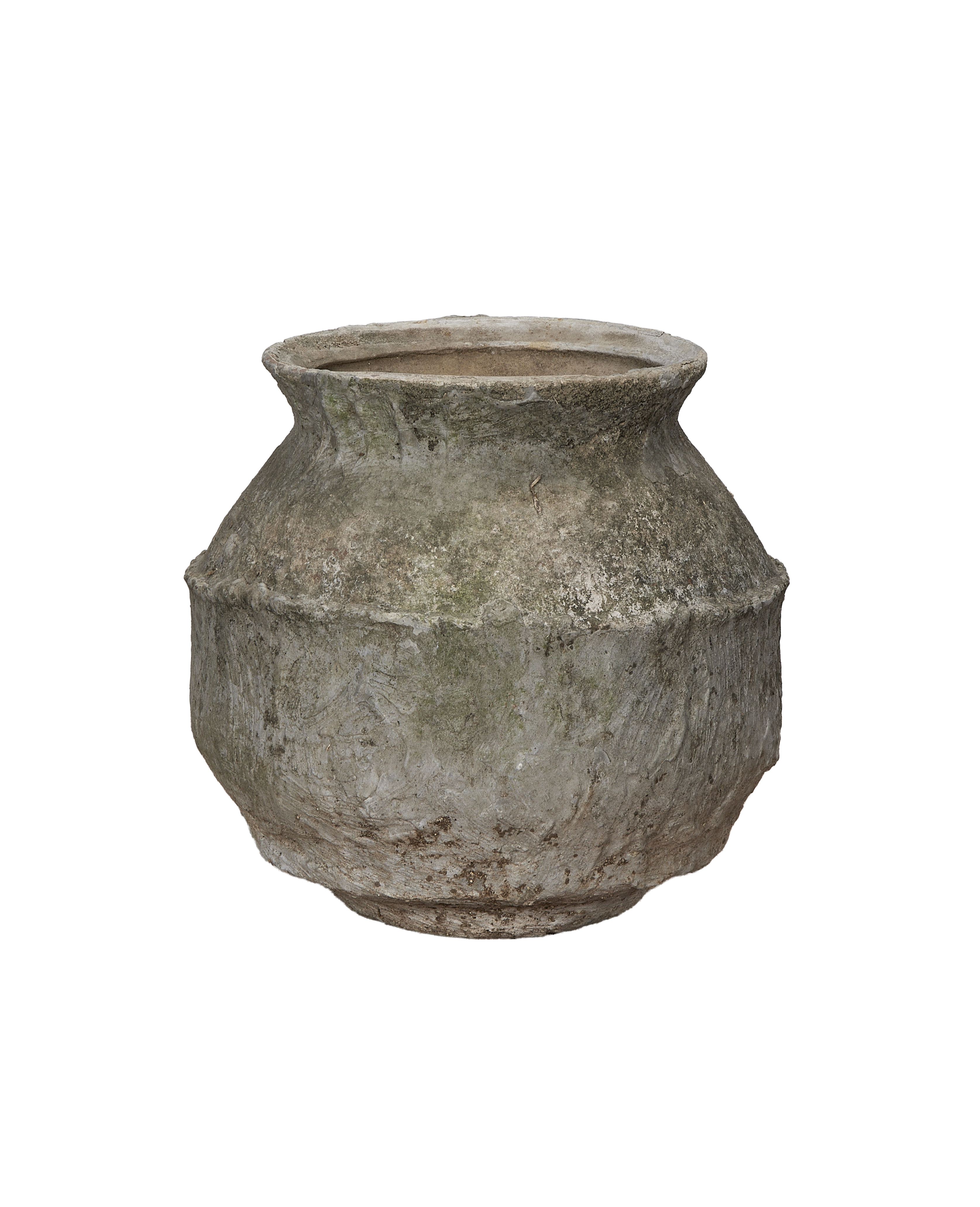 Vintage Indo OAK pot from Indonesia, rustic textured concrete with weathered patina.