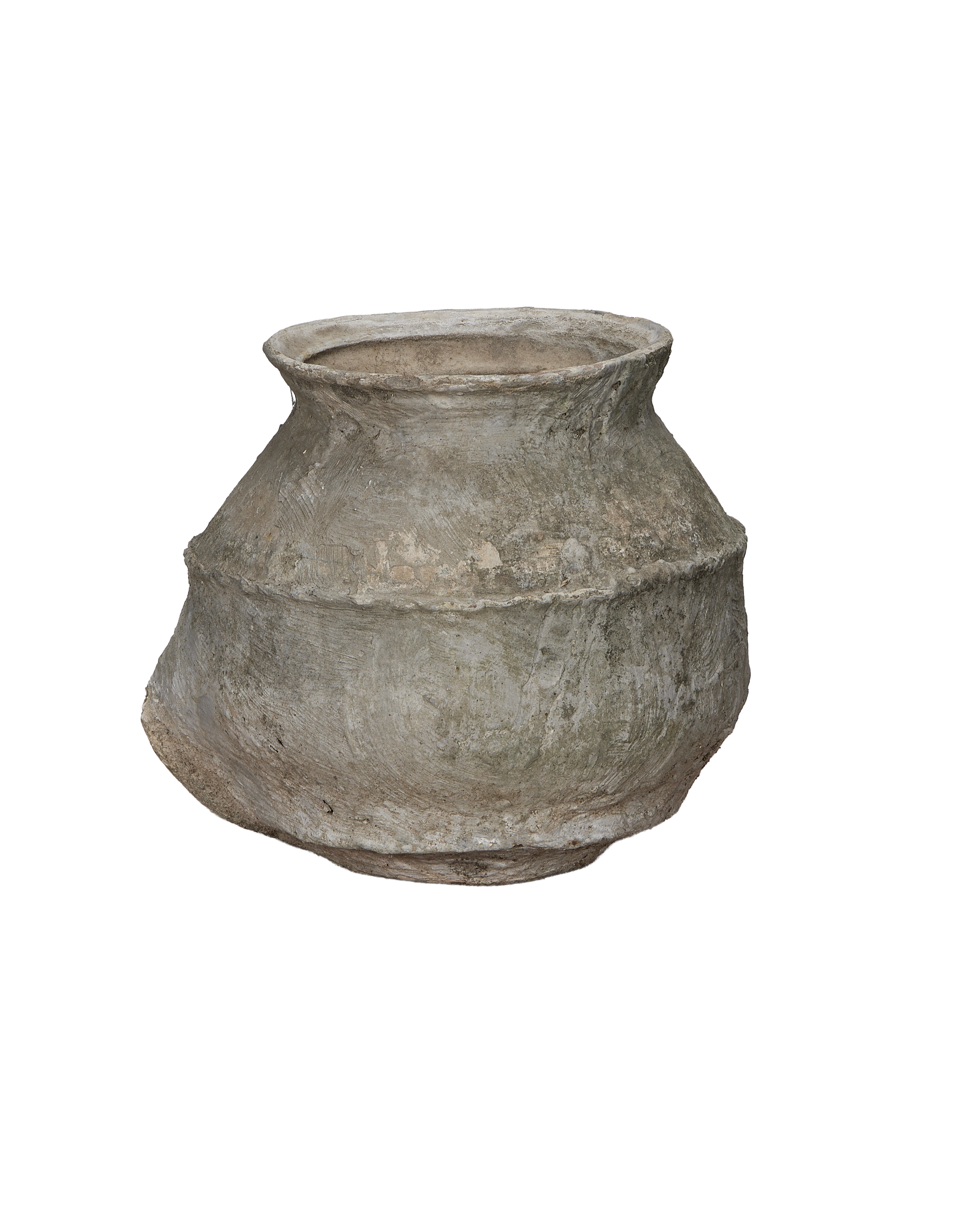 Vintage Indonesian OAK Indo pot, angled view showcasing textured concrete-like finish.