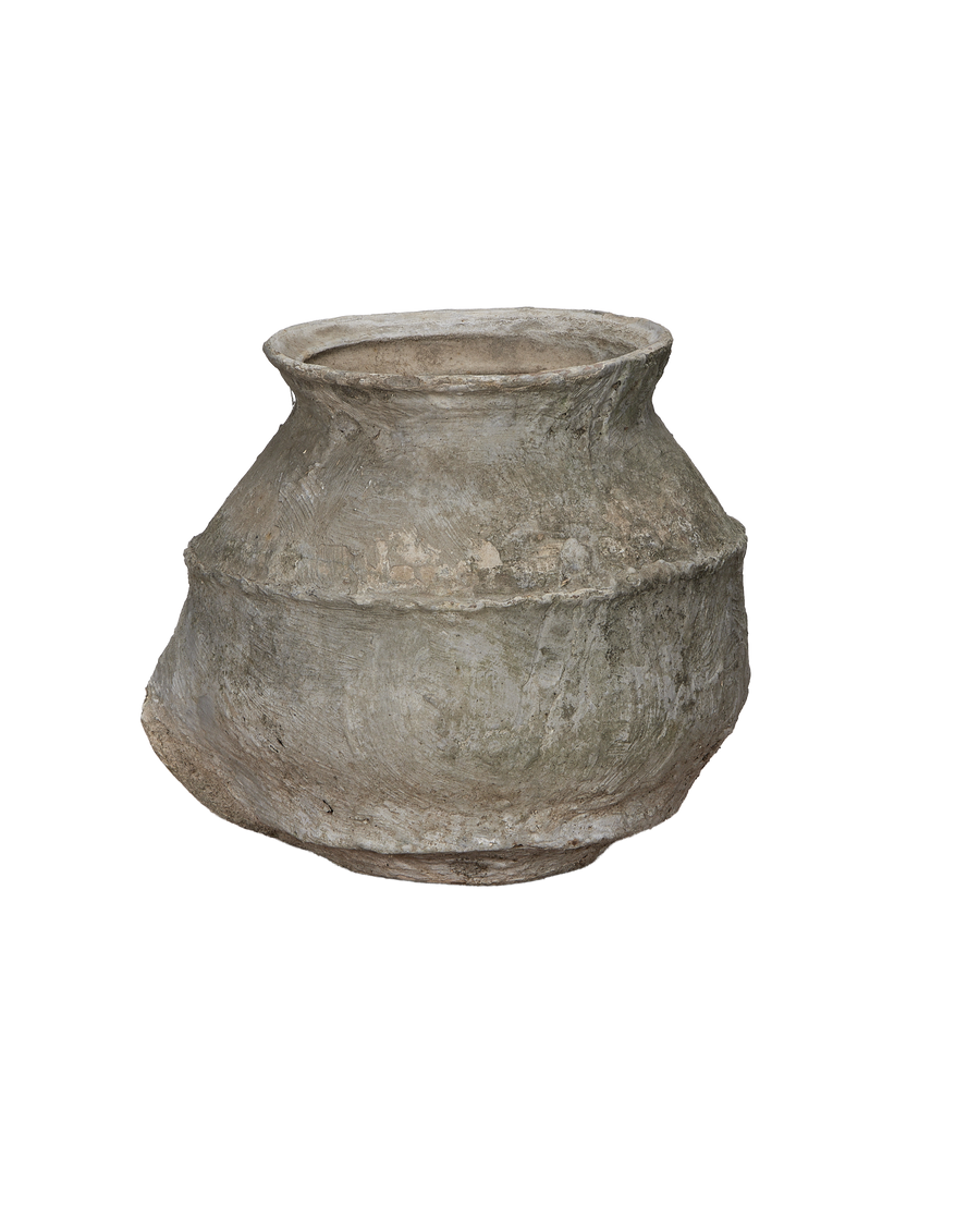 Vintage Indonesian OAK Indo pot, angled view showcasing textured concrete-like finish.