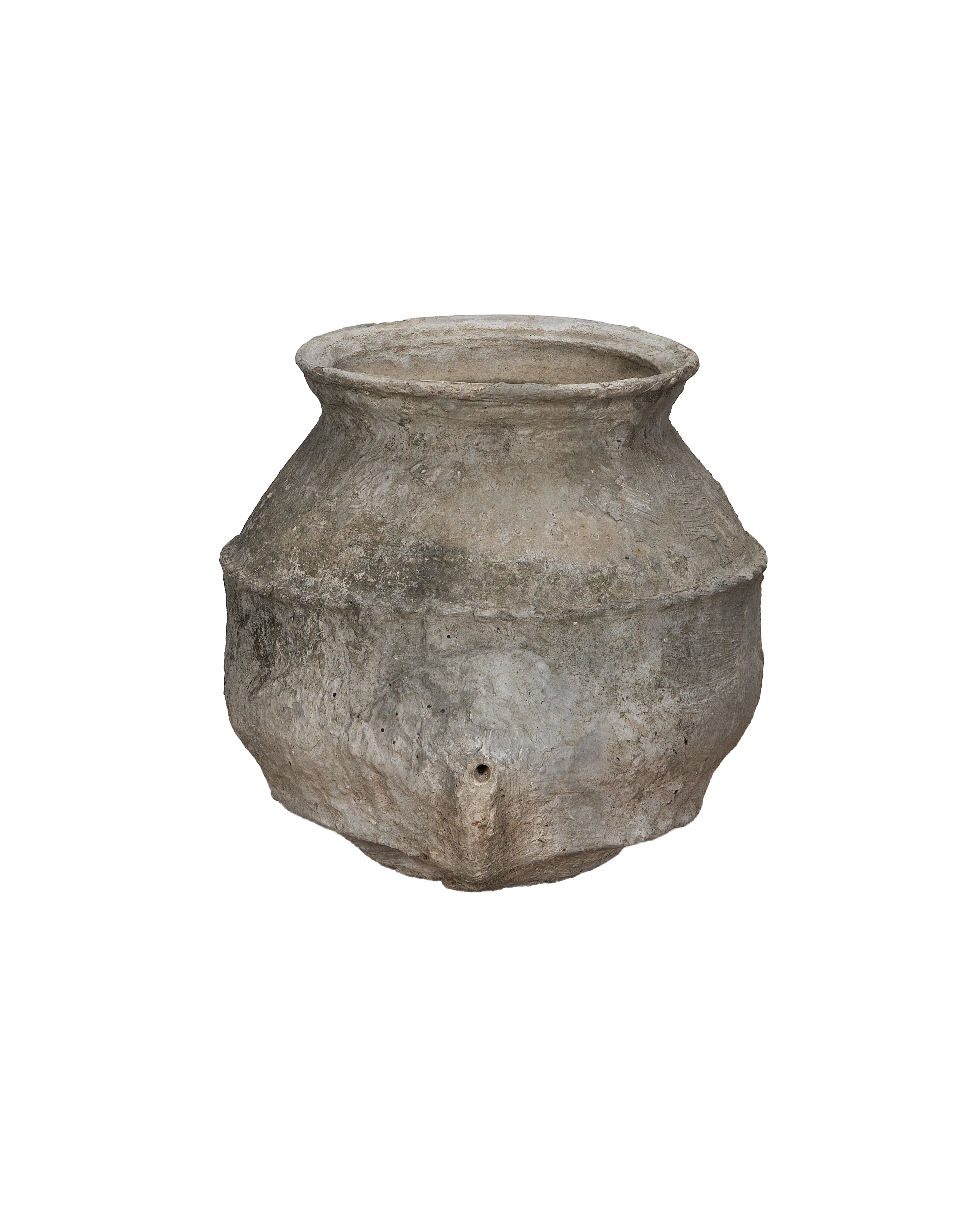 Vintage Indonesian OAK pot from Indonesia, showing side view with unique foot detail.