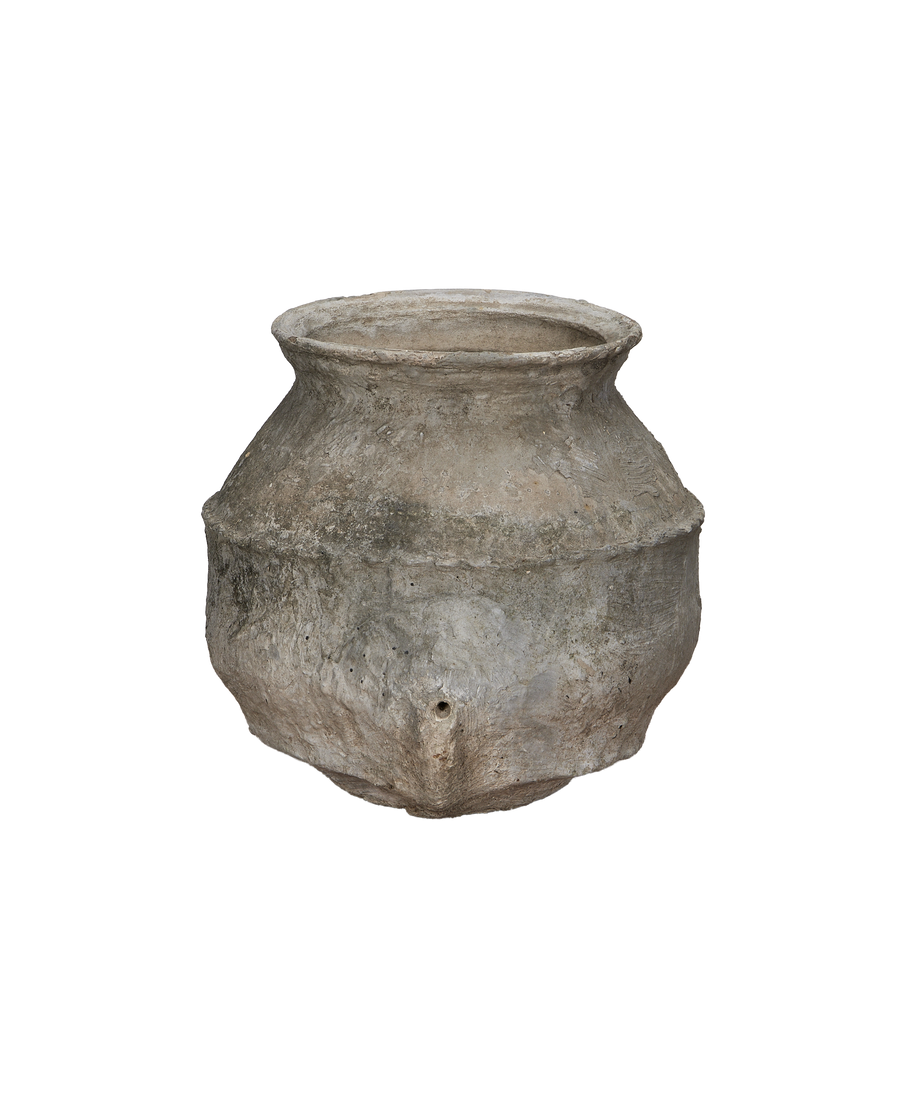 Vintage Indonesian OAK pot from Indonesia, showing side view with unique foot detail.