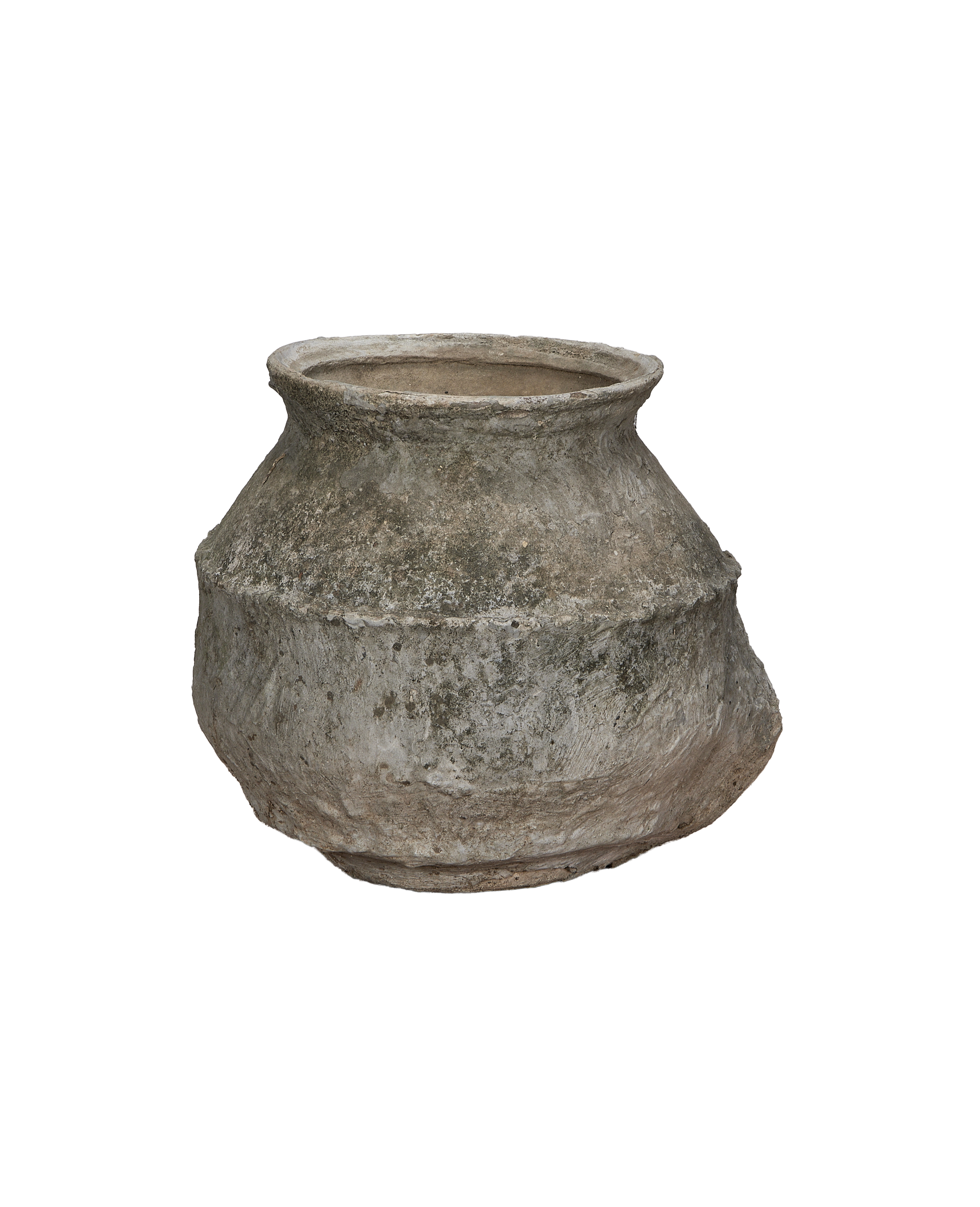 Vintage Indonesian Indo Pot, showing rough, weathered rim and textured gray ceramic.