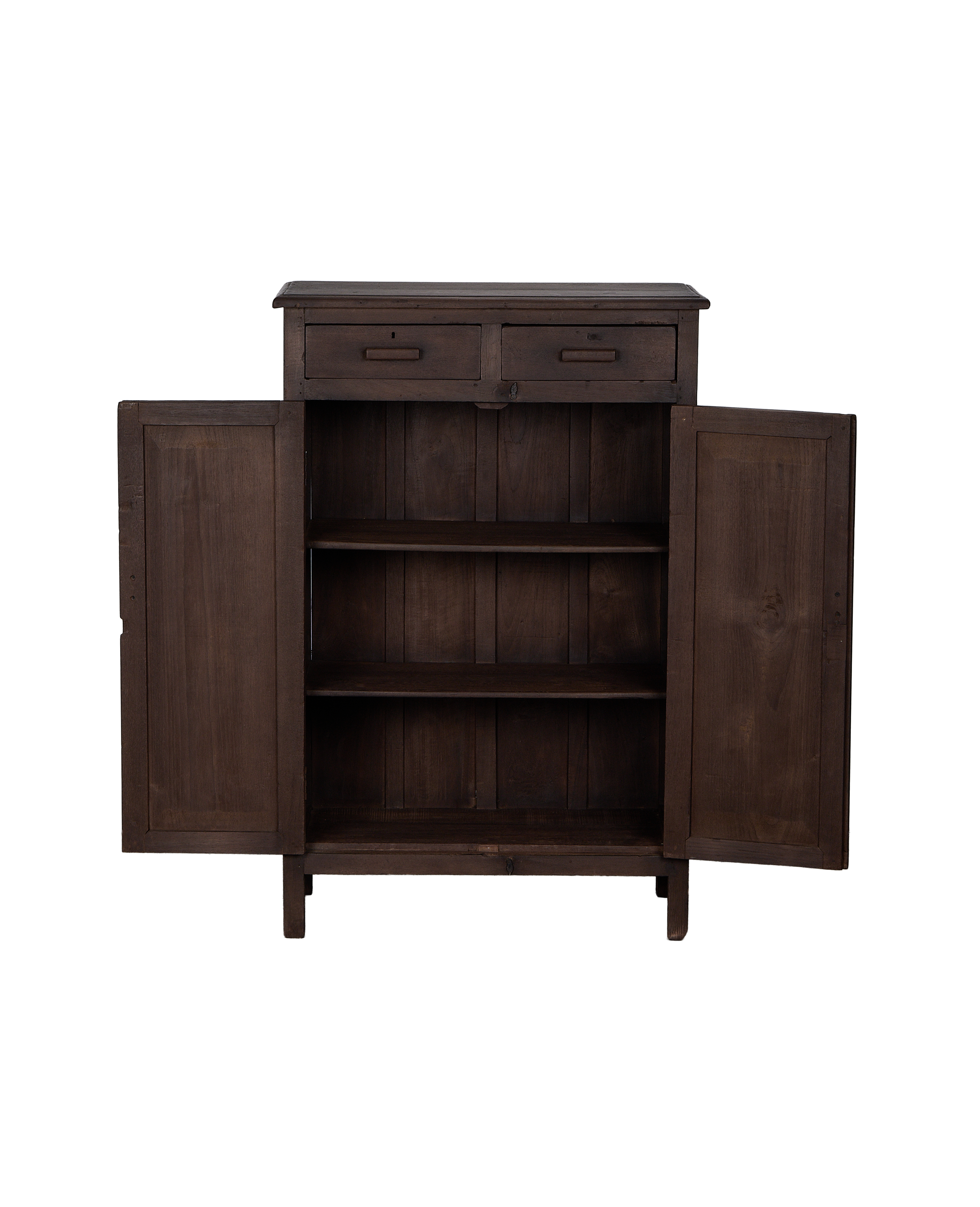 Vintage dark stained oak cabinet from India, displaying open doors revealing interior shelves and drawers.