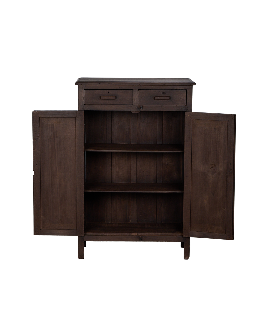 Vintage dark stained oak cabinet from India, displaying open doors revealing interior shelves and drawers.