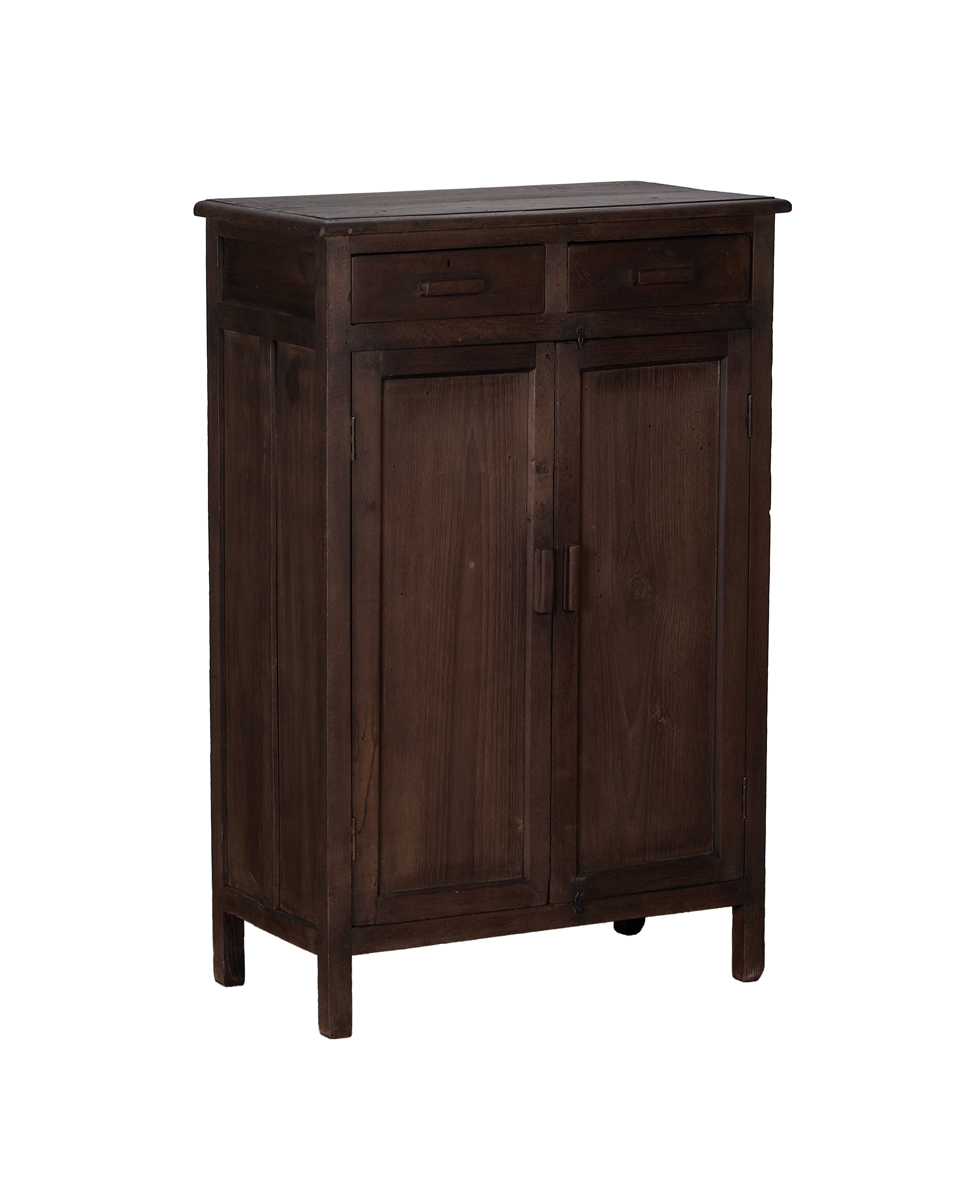 Vintage stained oak wood cabinet from India, showing two drawers and double doors.