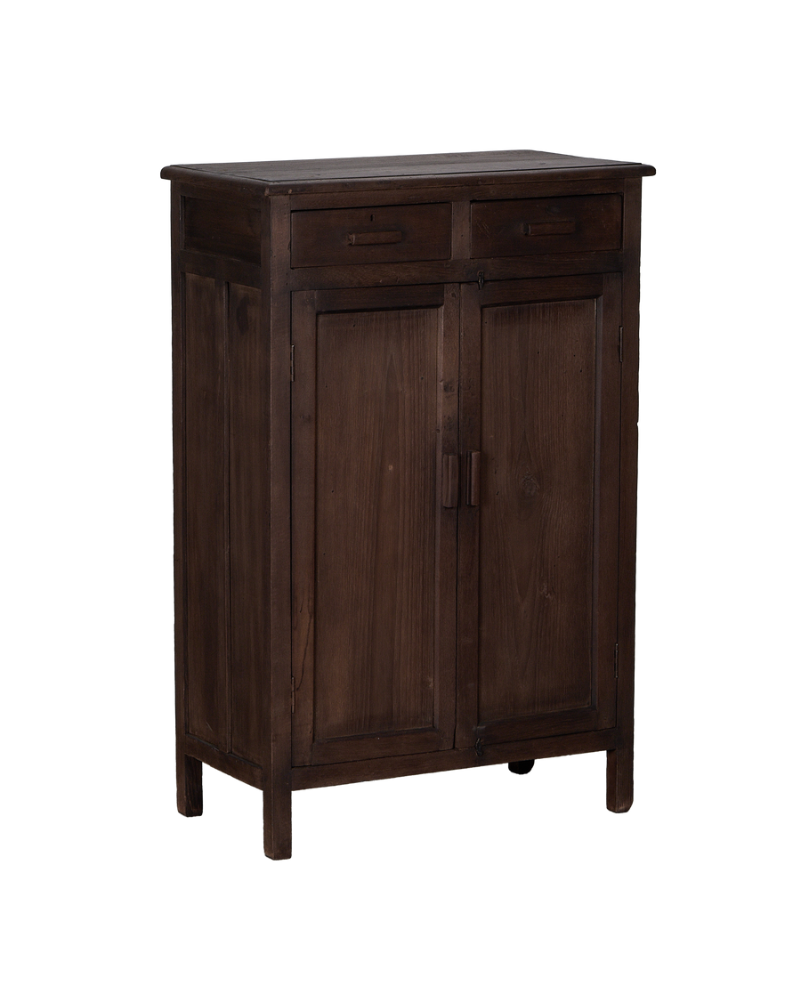 Vintage stained oak wood cabinet from India, showing two drawers and double doors.