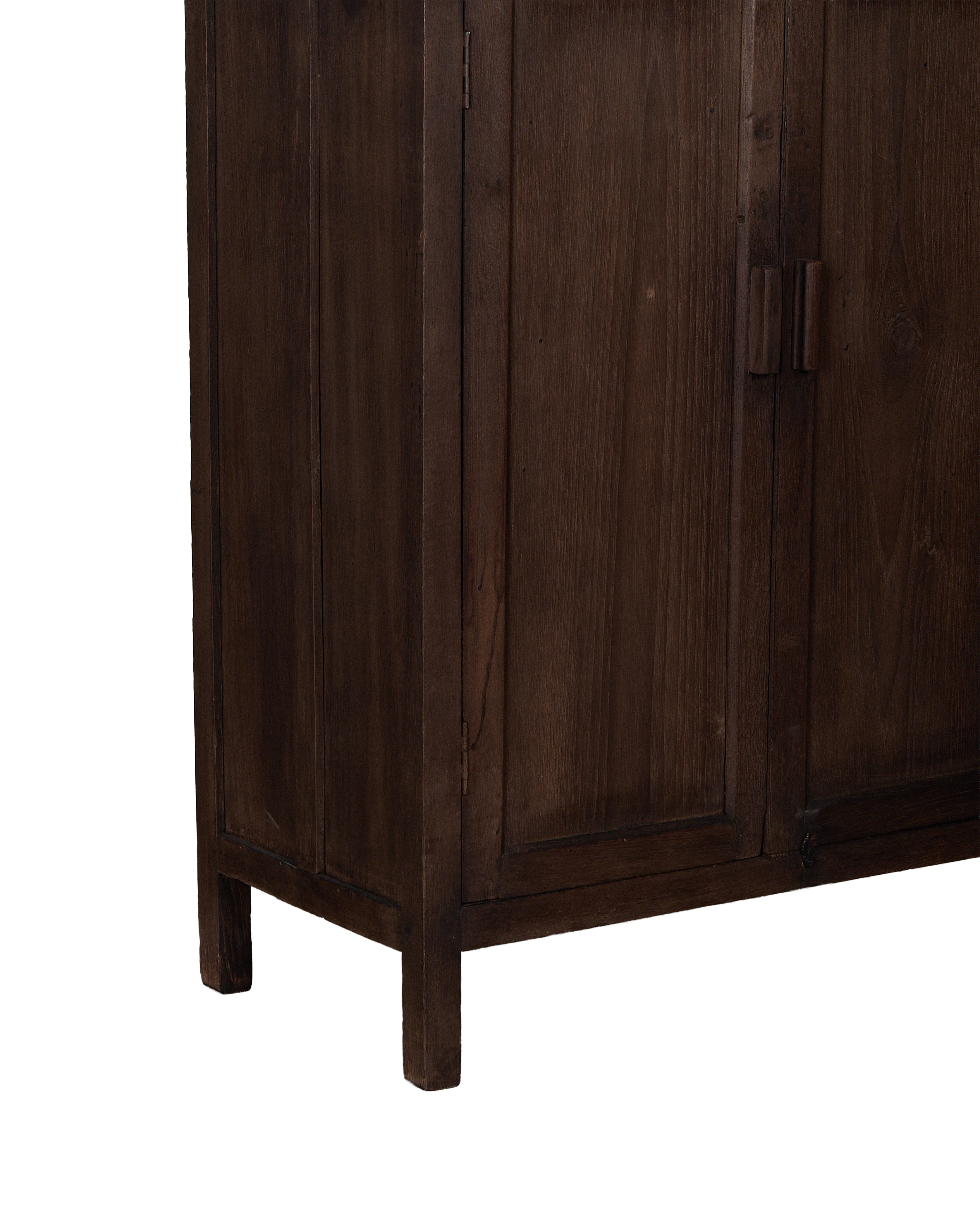 Vintage Indian oak cabinet featuring dark-stained wood details and paneling.