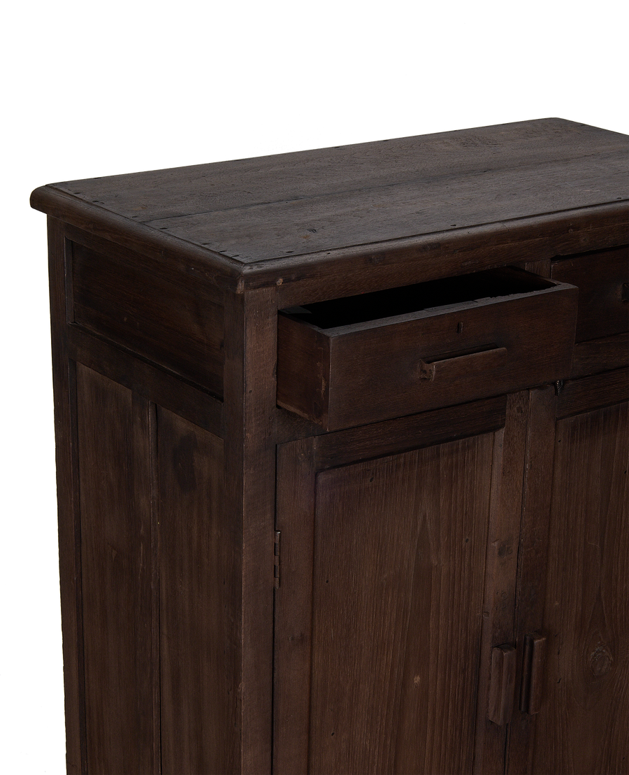Vintage oak cabinet, India, partially open drawer revealing interior storage, dark-stained finish.