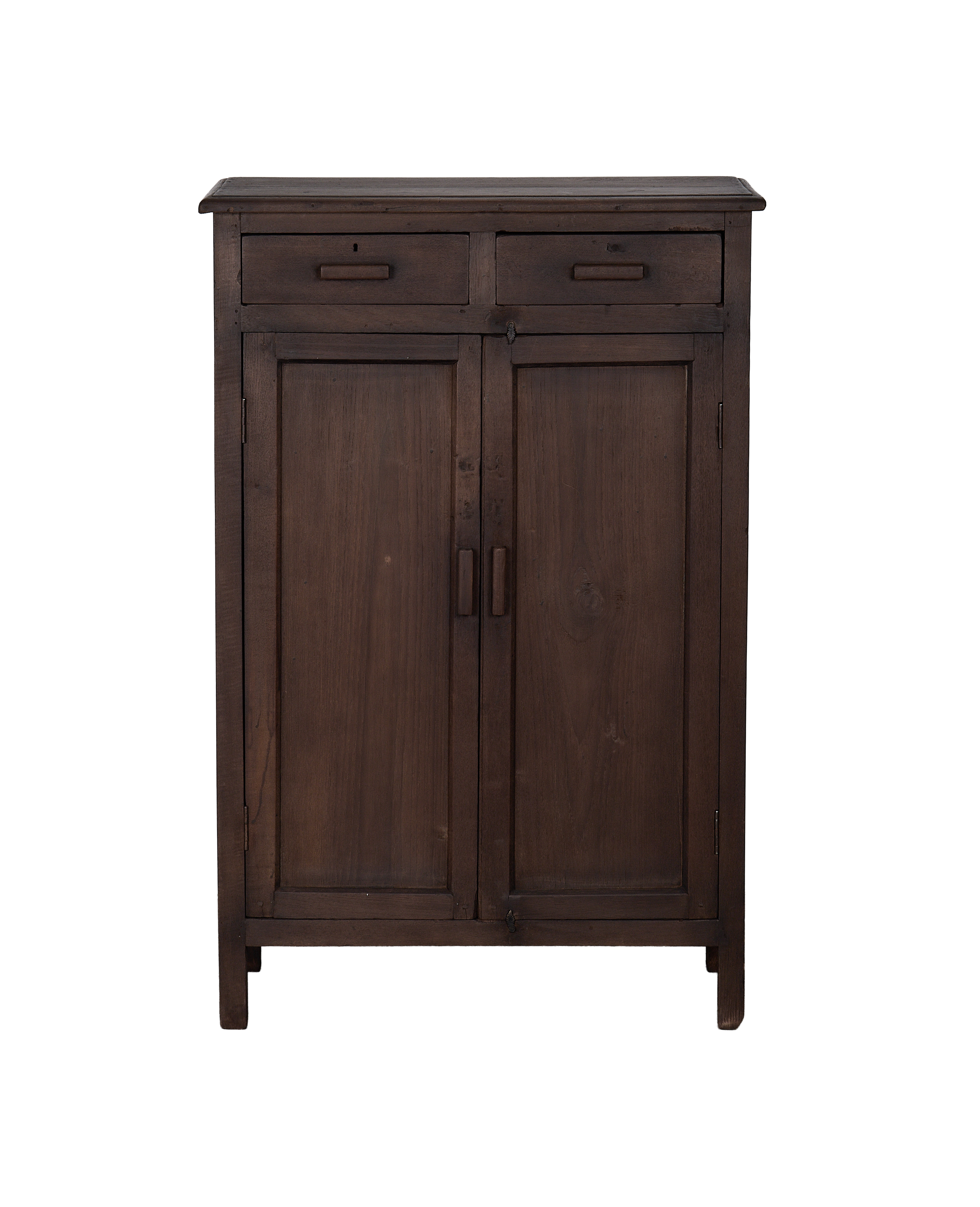 Vintage oak cabinet from India, dark stained, with two drawers and double doors.