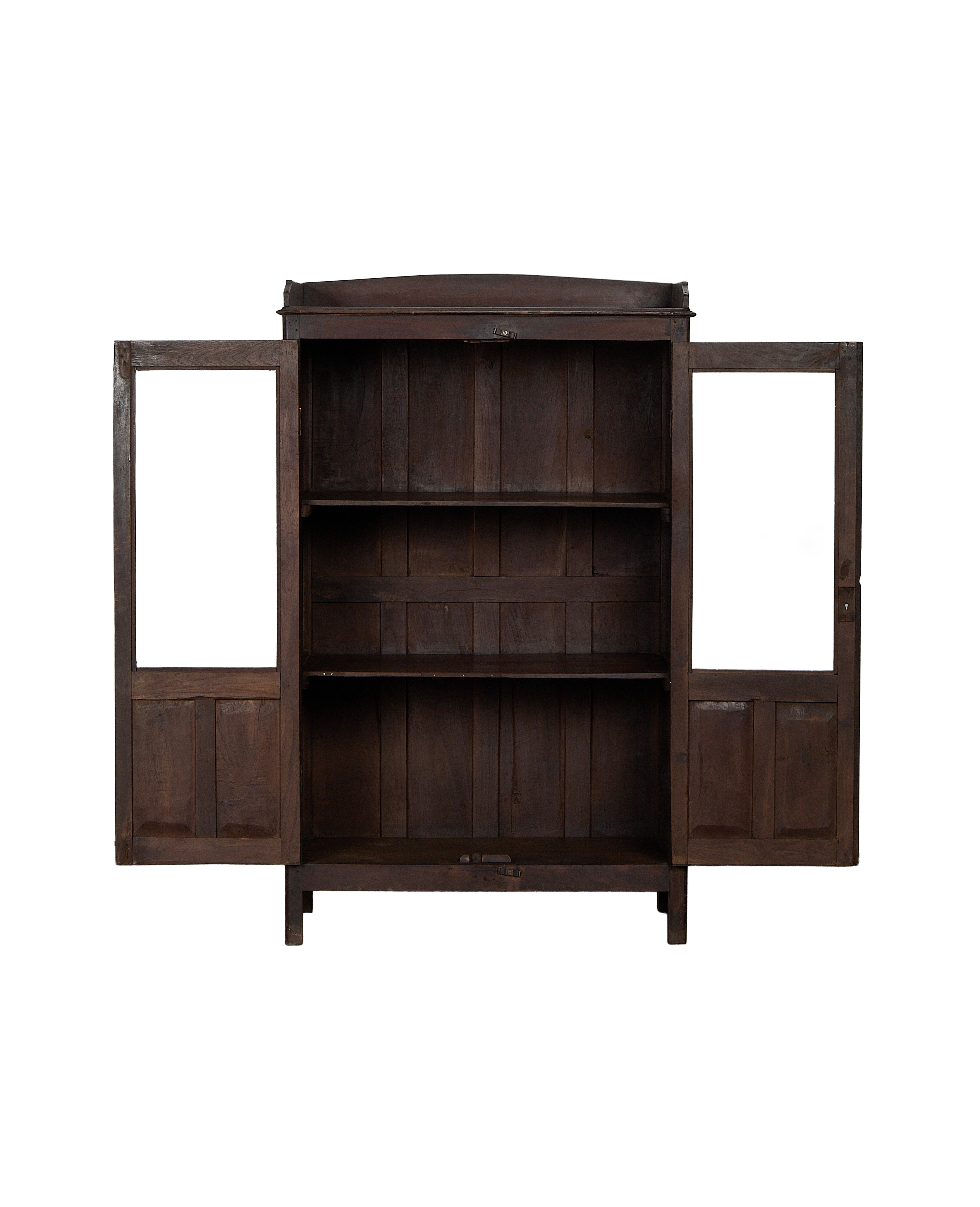 Vintage Indian oak cabinet details, doors open revealing three interior shelves.