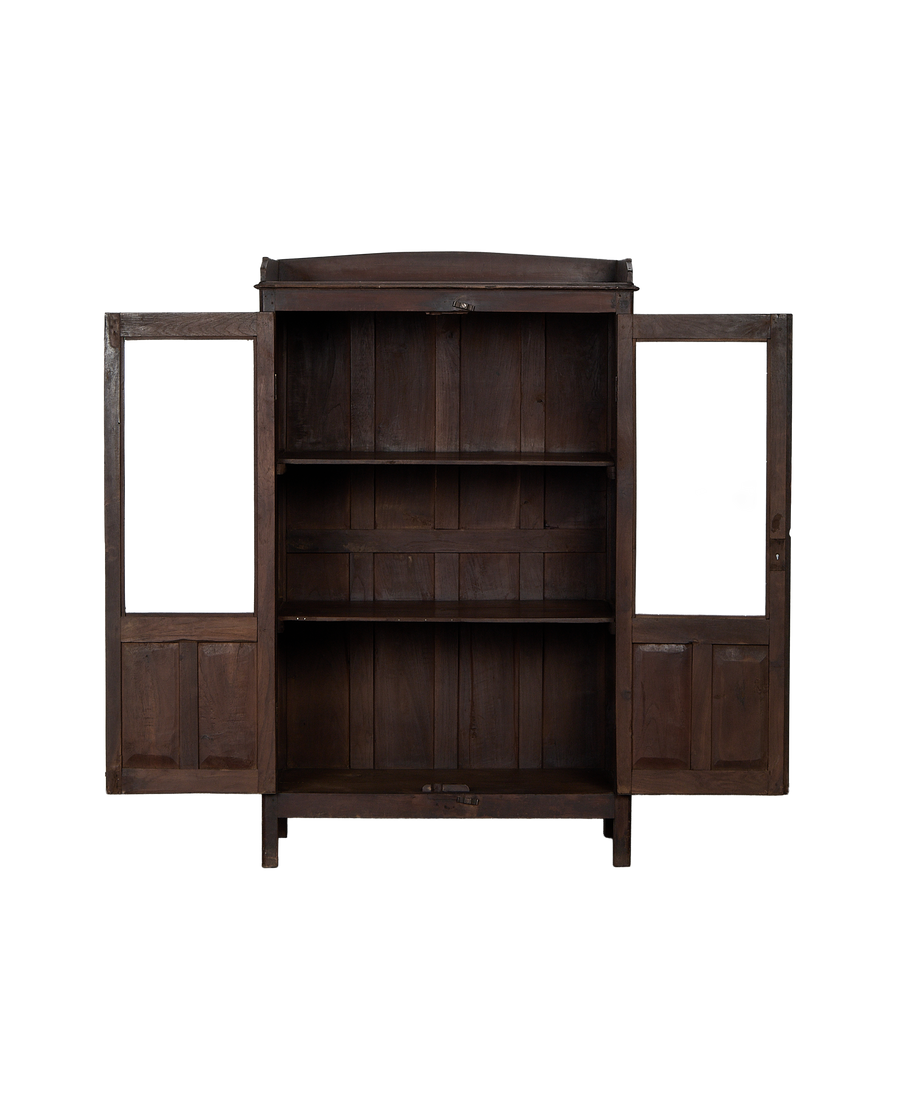 Vintage Indian oak cabinet details, doors open revealing three interior shelves.