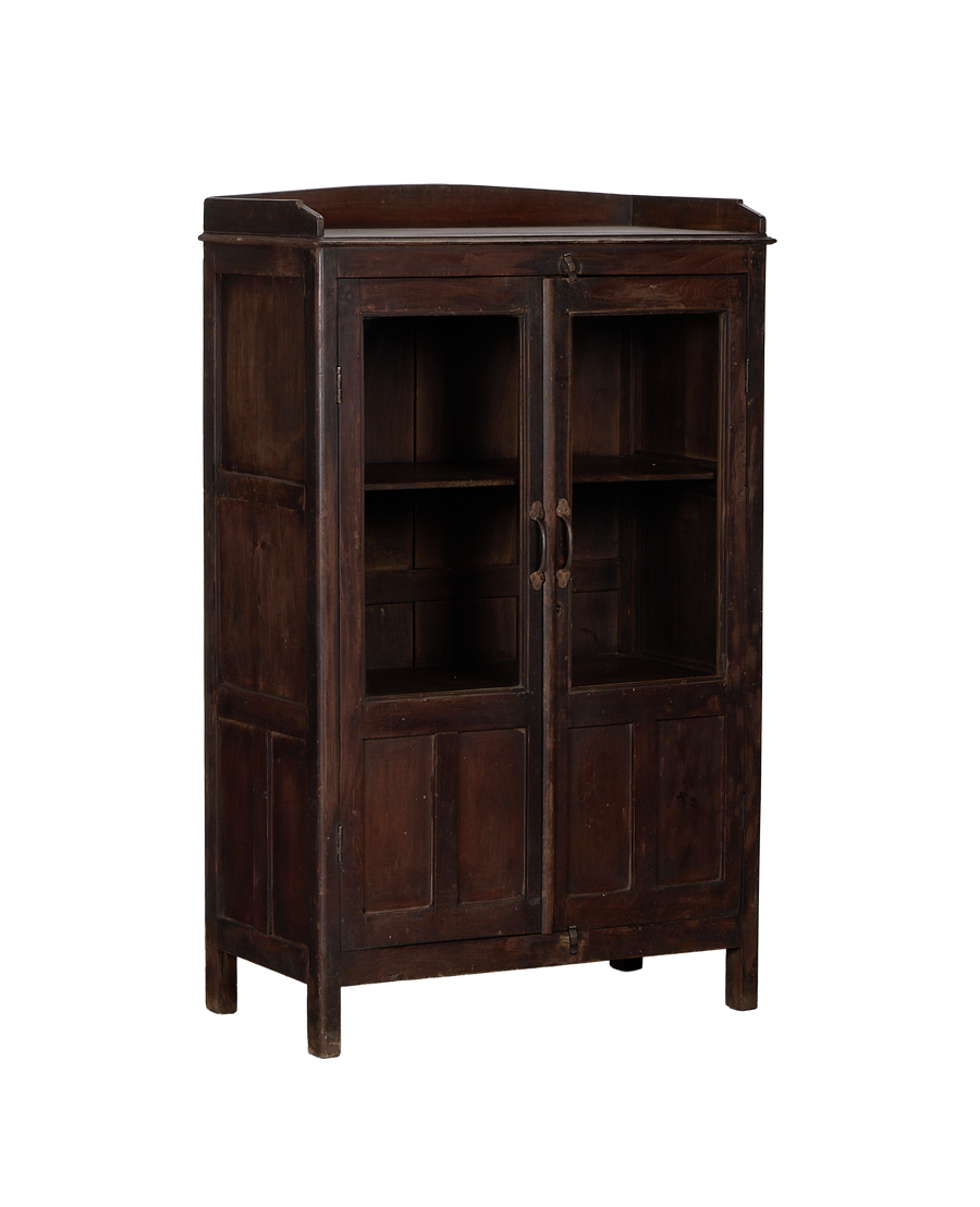 Vintage Indian oak cabinet from India, displaying visible wooden texture and glass-paneled doors.