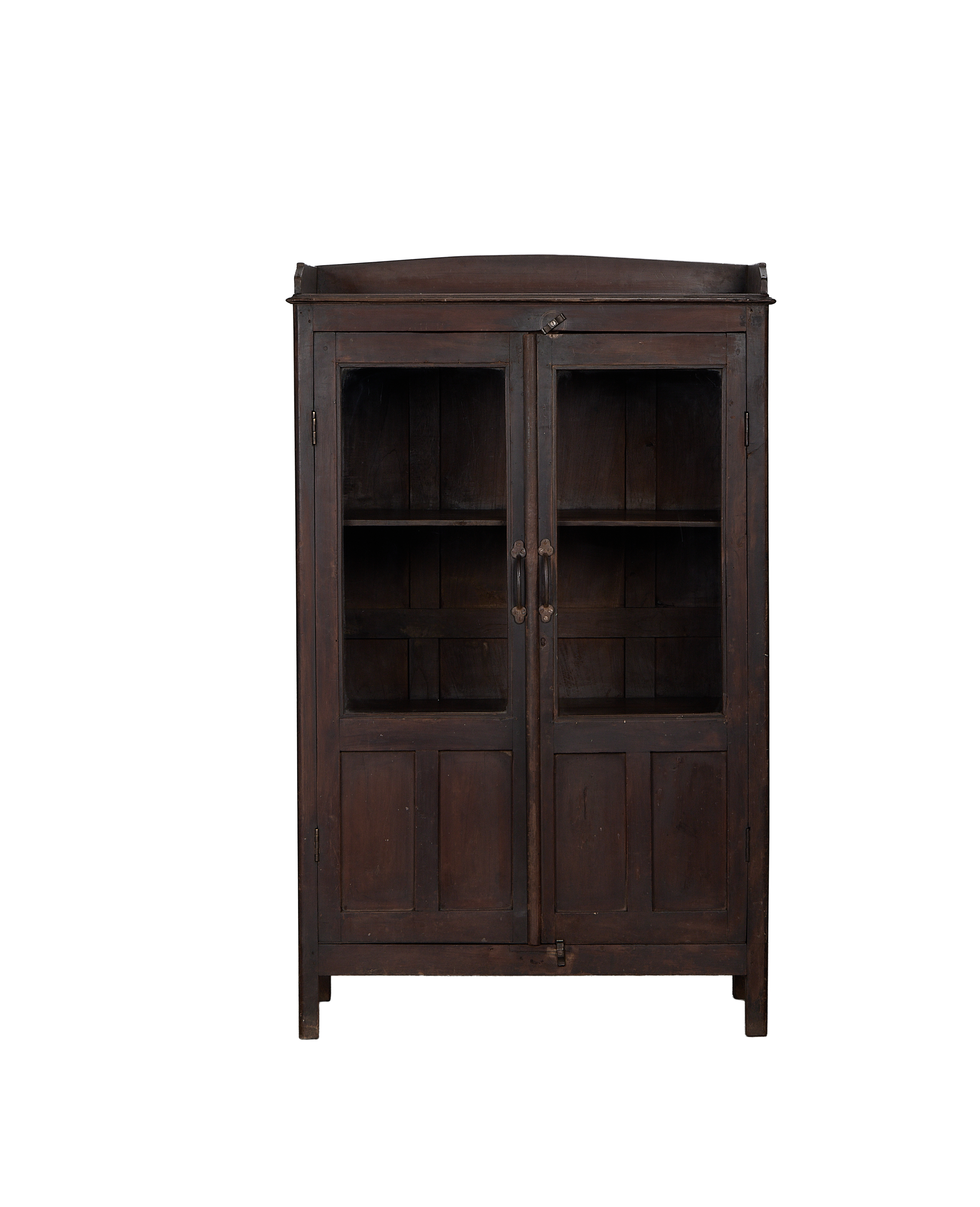 Vintage Indian oak cabinet, natural dark wood finish, glass doors, and aged handles.