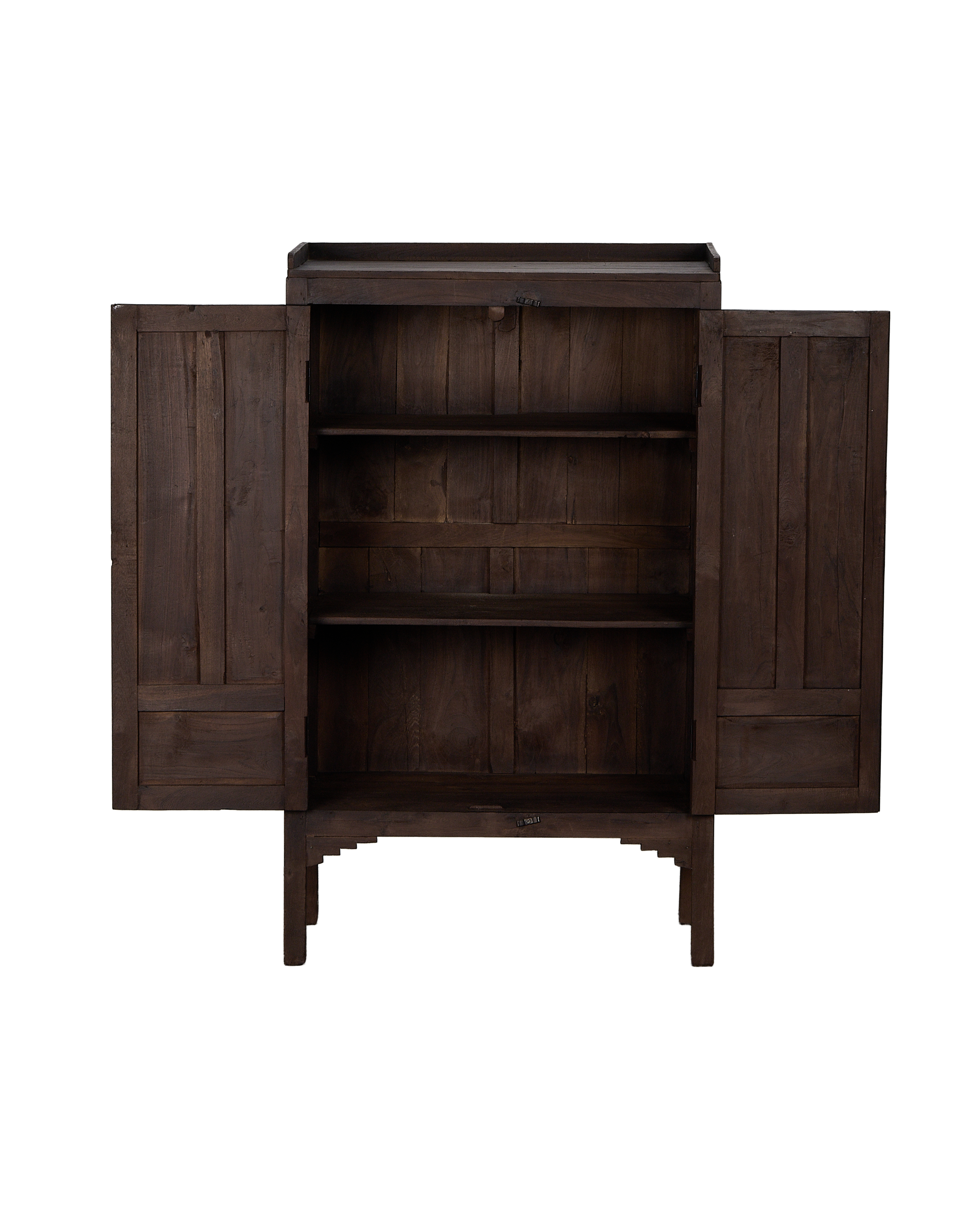 Open doors of vintage Indian oak wood cabinet revealing internal shelves.
