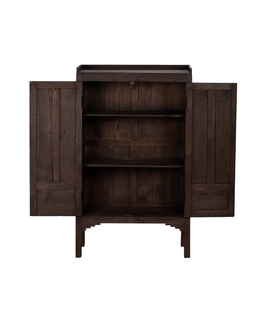 Open doors of vintage Indian oak wood cabinet revealing internal shelves.