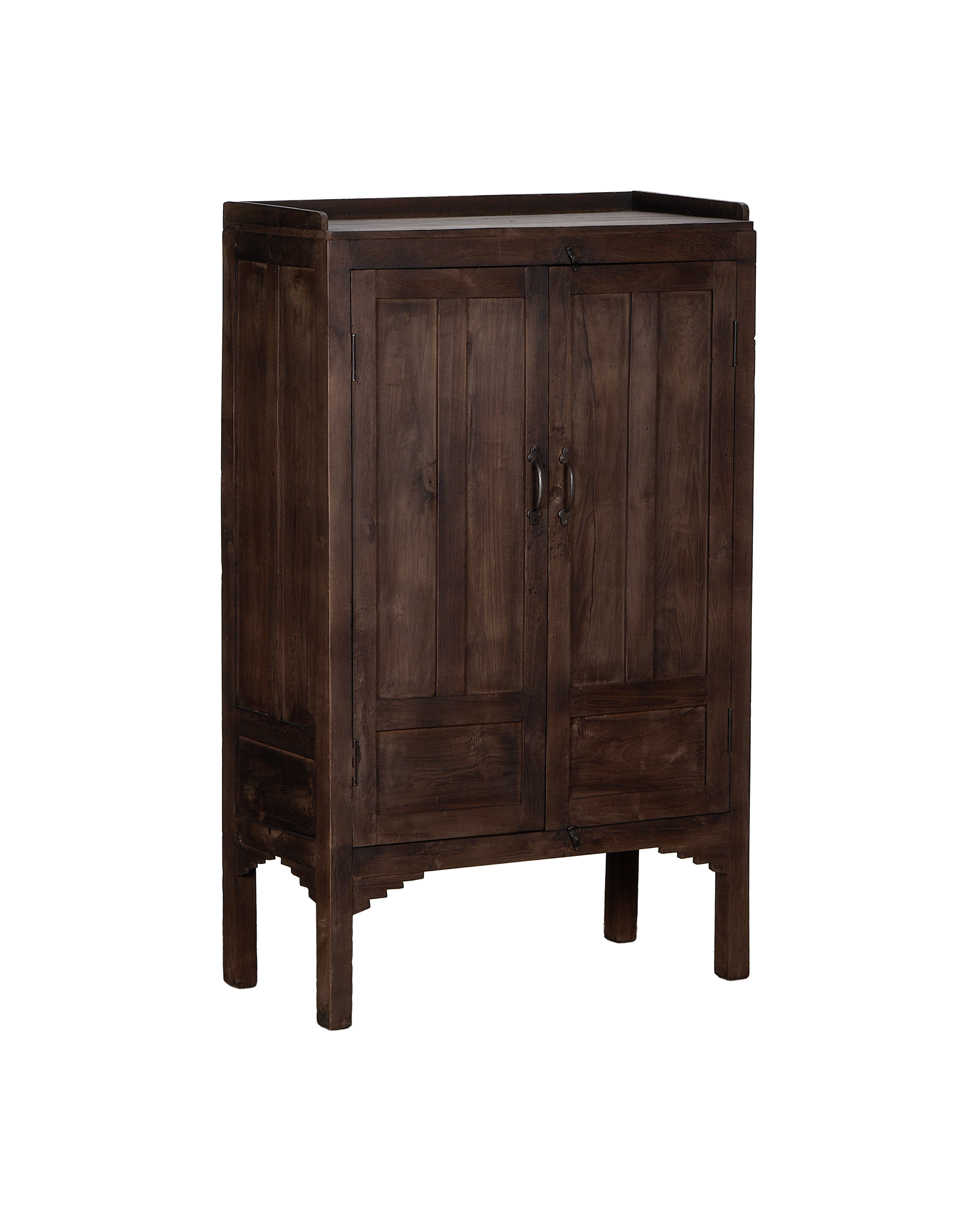 Vintage Indian oak wood cabinet, frontal view detailing dark natural grain doors and metal handles.