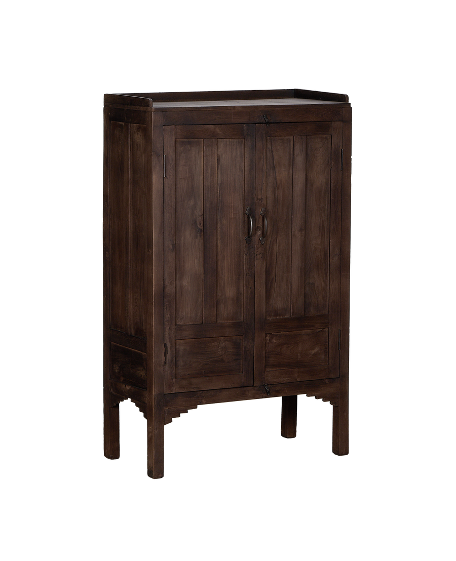 Vintage Indian oak wood cabinet, frontal view detailing dark natural grain doors and metal handles.