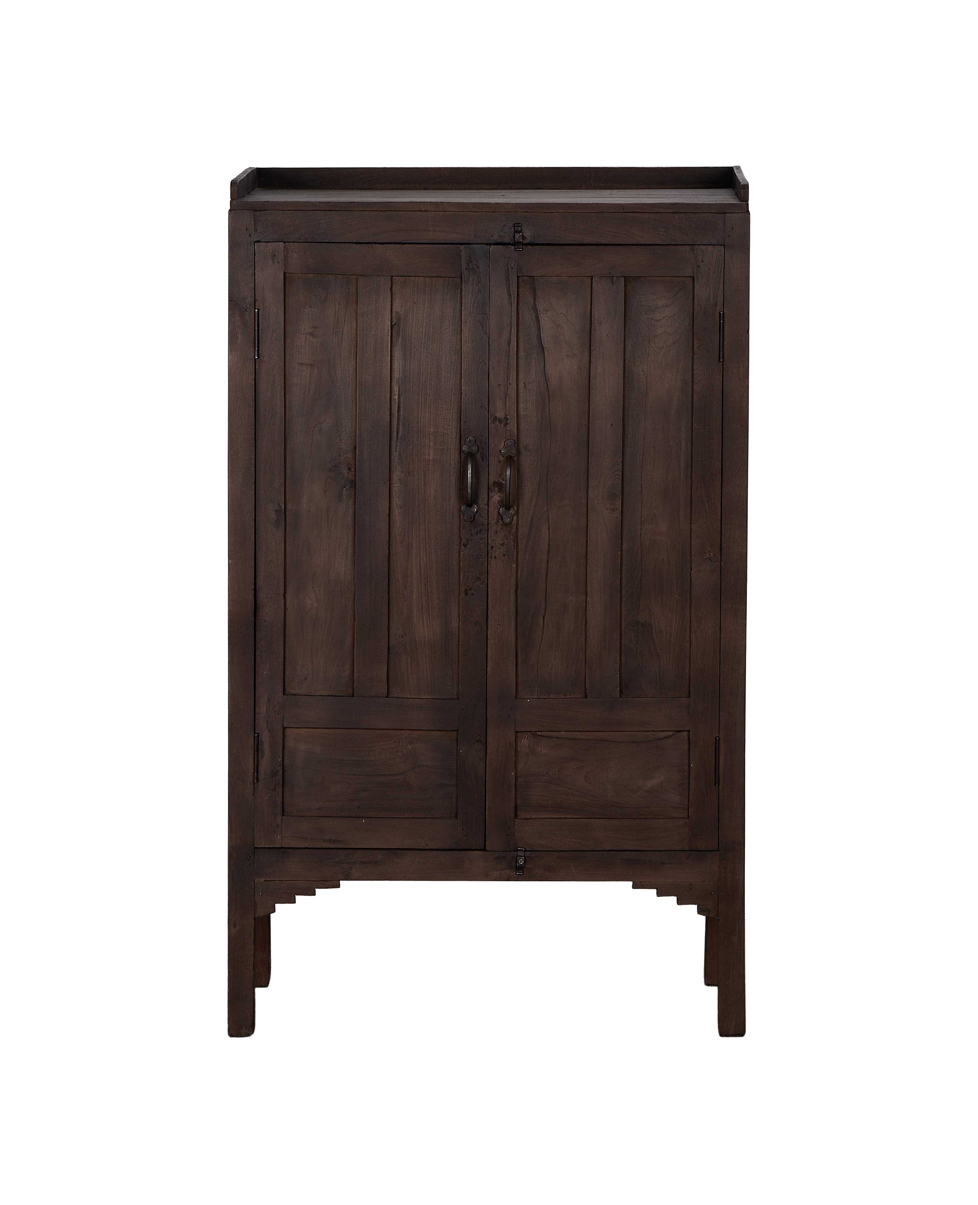 Vintage Indian oak wood cabinet, natural finish, featuring double doors with antique black handles.