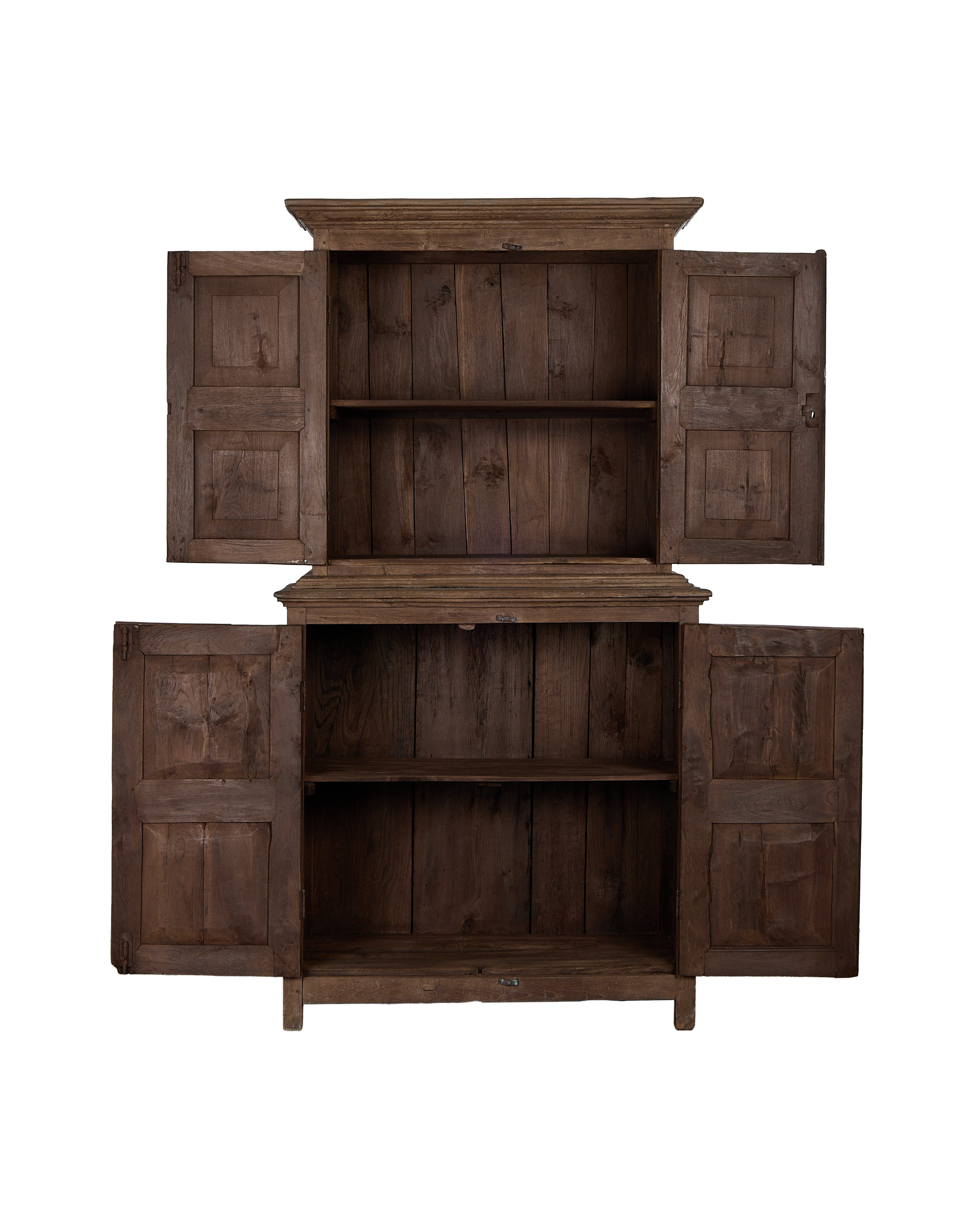 Vintage Indian natural oak cabinet, both doors fully open revealing three internal shelves.