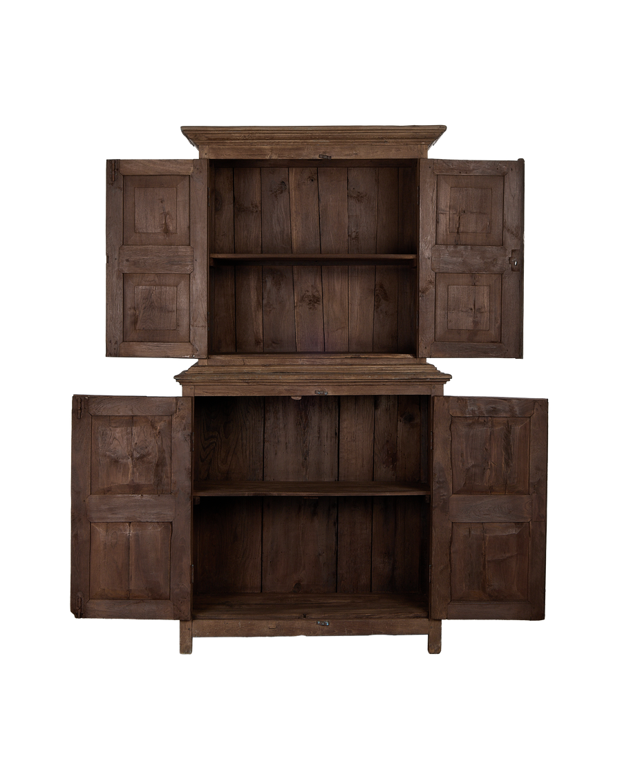 Vintage Indian natural oak cabinet, both doors fully open revealing three internal shelves.